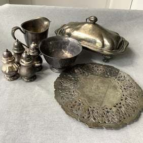 Silver Plated Lot, Trivet, Butter Dish, Creamer, Sugar, Salt/Peppers