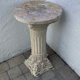 Plaster Column Plant Stand with Round Marble Top