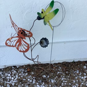 Butterfly, Dragonfly and Whimsical Double Circle Metal Yard Art