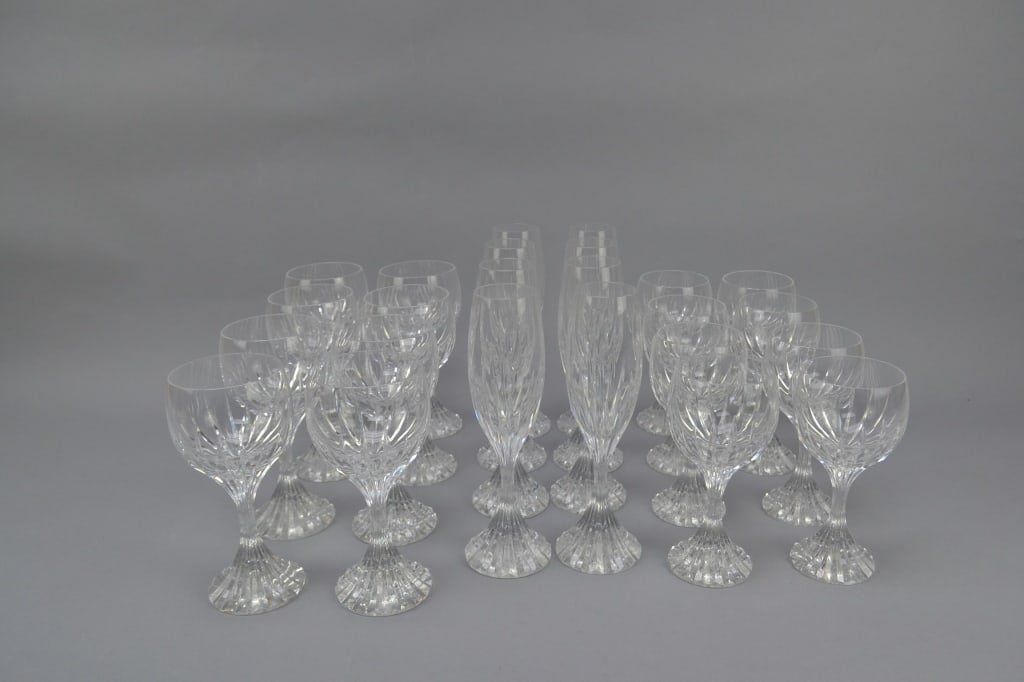 Set of 24 Baccarat Crystal Glasses: 24 Baccarat crystal glasses (Massena design), 8 wine glasses, 8 water glasses, and 8 champagne flutes.