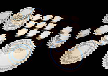 Wedgewood Embossed Queensware Lavender on cream 48 pieces. 10-footed cups with matching saucers,