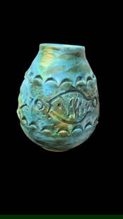 Alvino Bagni Sea Garden vase Blue, green, orange, and black glazed ceramic. Distributed by Raymor: Blue, green, orange, and black glazed ceramic. Distributed by Raymor and hand crafted by Alvino Bagni(1919-2000) for Bitossi, Sea Garden vase with fish motif. Stamped Italy on base 8"H x 6 5/8" diamet