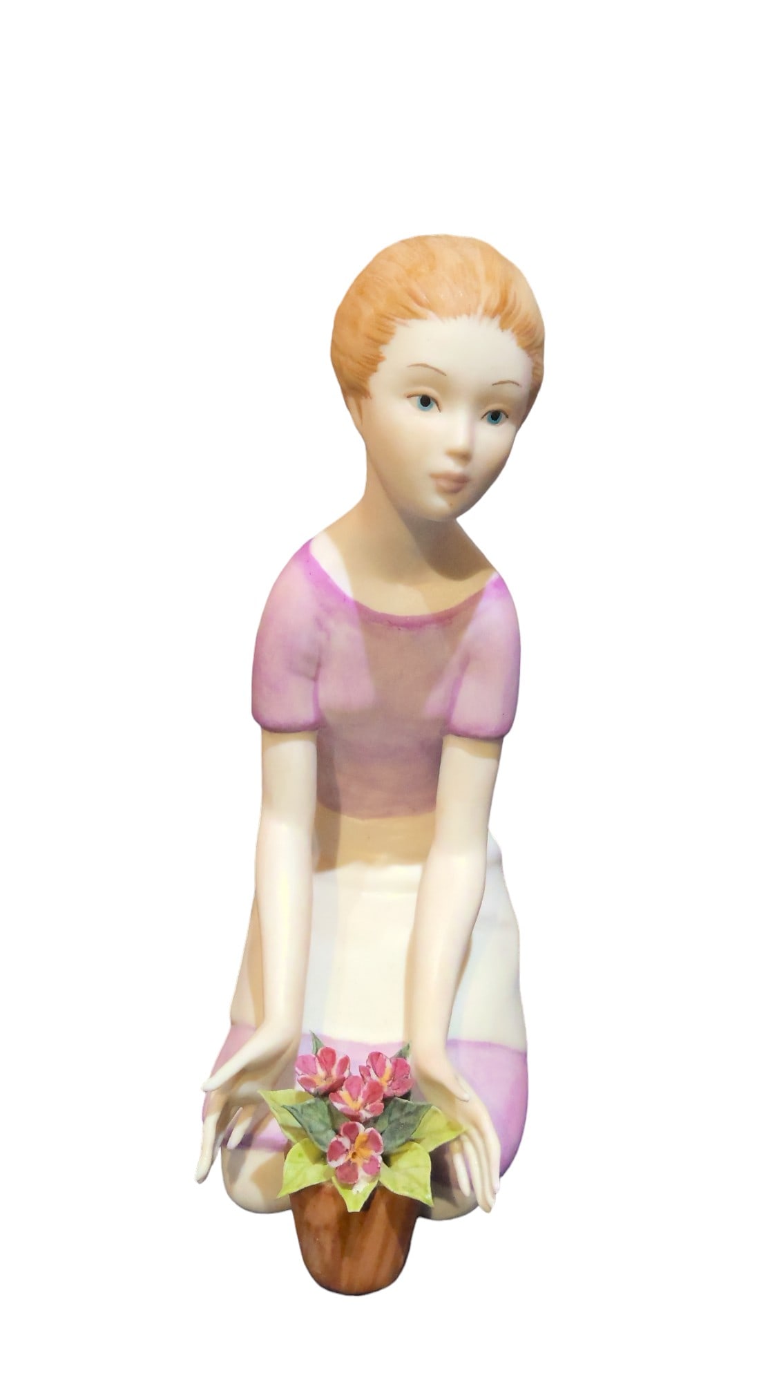 VIntage Cybis Rebecca of Sunnybrook Farm Figurine: Vintage Cybis "Rebecca of Sunnybrook Farm" porcelain figurine of a girl kneeling holding a pot of flowers. Designed by Marylin Chorlton; issued in 1964 and retired in 1972. Marked on bottom. EUC - no