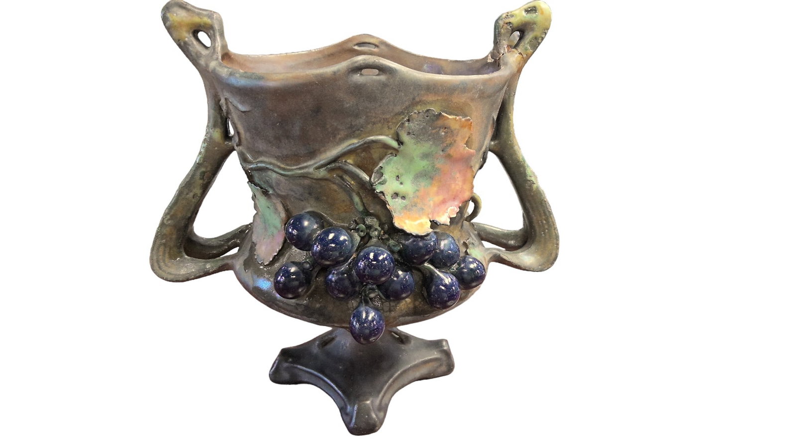 Amphora Teplitz antique Urn/Vase: 19th century ceramic and porcelain Amphora urn/vase made in Austria. Painted grapes/leaves design. There are somd chips and scratches and the base was poorly repaired. Marked Amphora 3645/49 on bottom