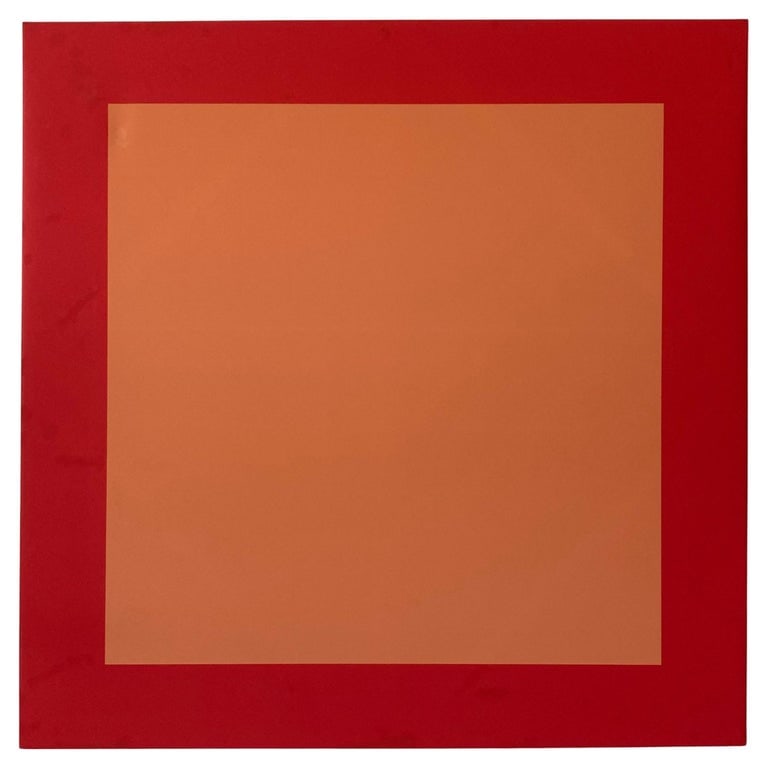 Josef Albers Inspired Painting "Happy" by Todd Hase, Orange: 52?W × 1.25?D × 52?H2020s Josef Albers inspired modern geometric canvas painting "Happy" by Todd Hase, orange version. Some touch-up to the original painting. A few nicks, rubs, and marks, but add t