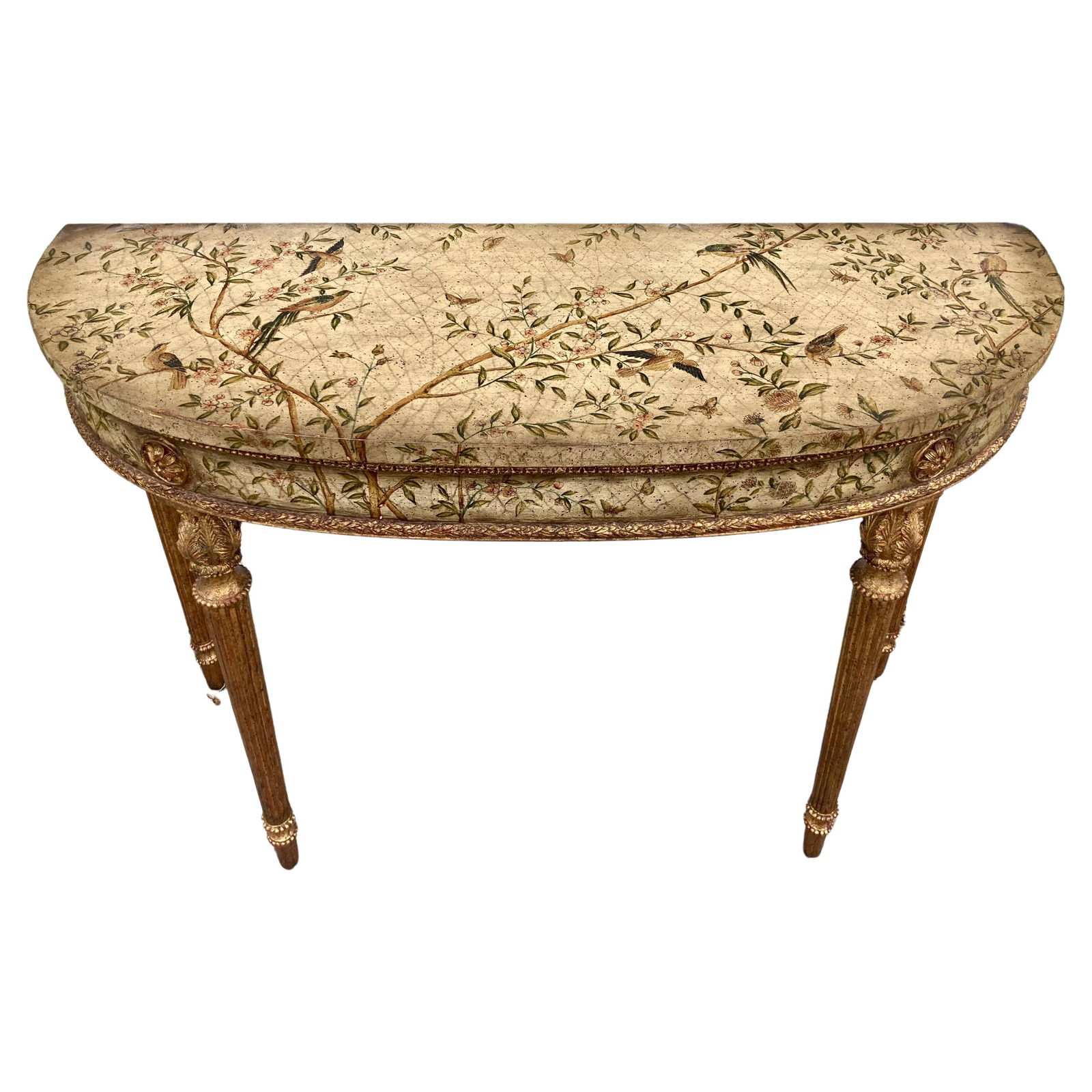 French Chinoiserie Louis XVI Style Console With Gilt Details: 48?W × 17?D × 34?H1950s French Chinoiserie Louis XVI wood console with gilt details. Beautiful hand painted Chinoiserie decoration on most surfaces with gilt gold on the hand carving. Some standard