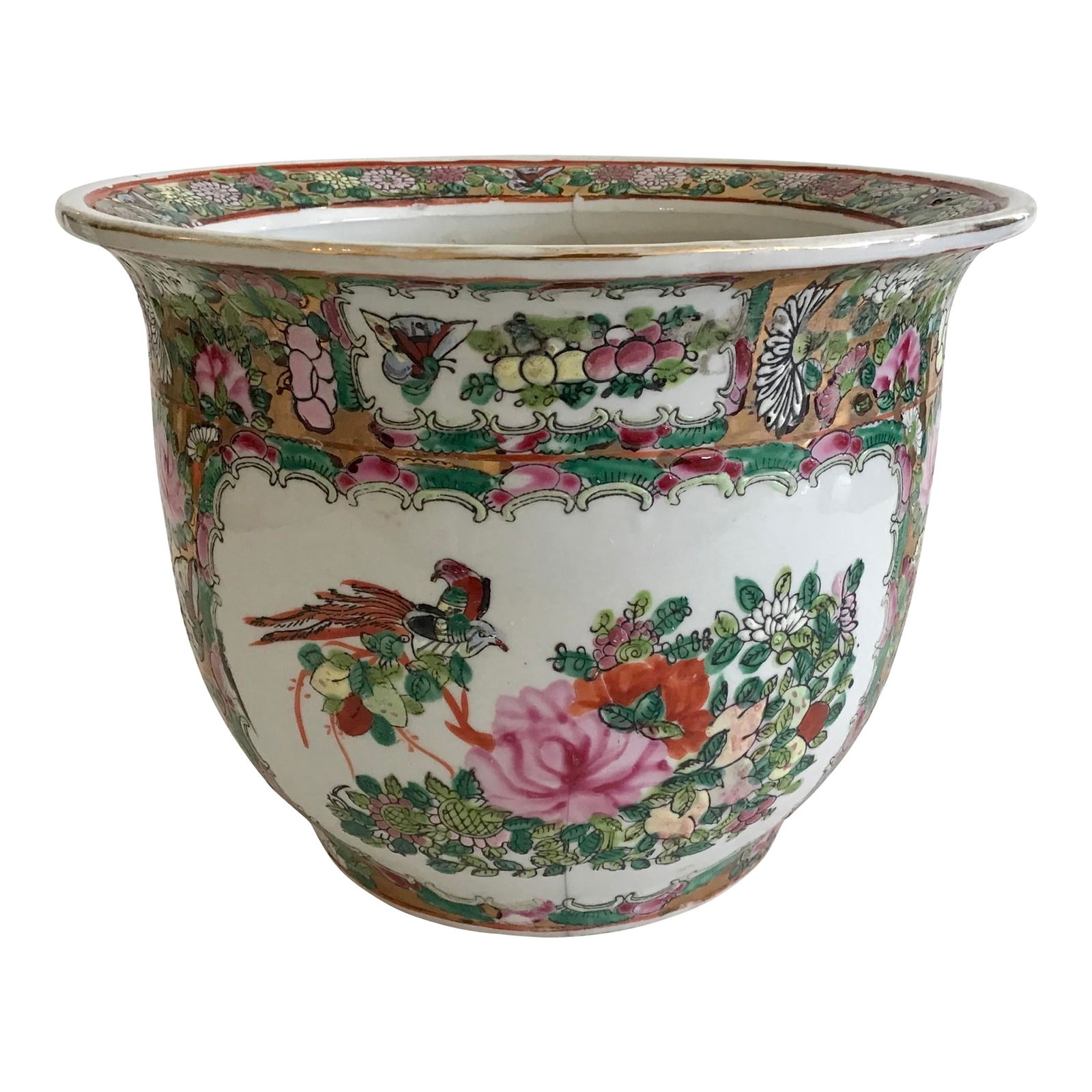 Rose Medallion Chinese Cachepot Small: 9?W × 9?D × 7?H1950s Rare Rose Medallion Chinese small ceramic cachepot for interiors or outdoors. This planter has a fabulous decoration all around them so they can be used for decoration only or a