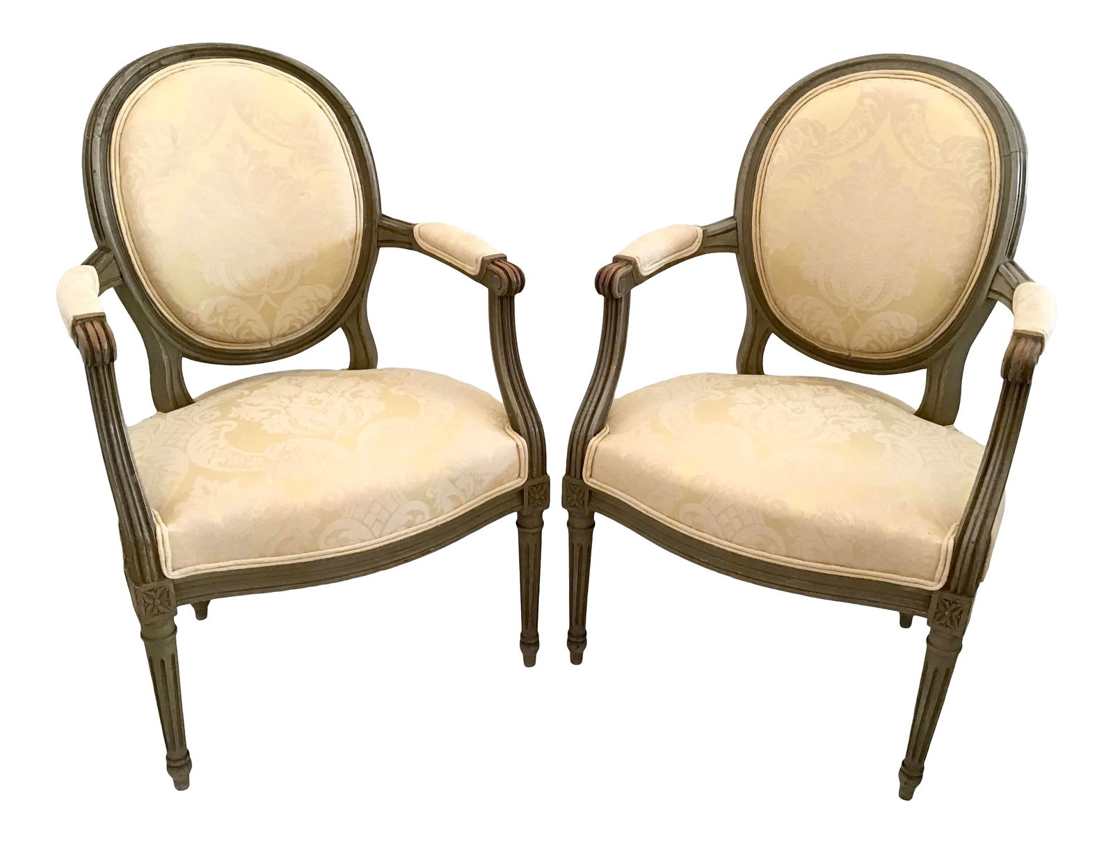 French Bronze Louis XVI Fauteuils in New Yellow Damask Upholstery, a Pair: 22"W × 19"D × 34.5"H Seat Height: 18.0 in Mid 19th Century classic French Louis XVI wood fauteuils in a great painted finish with new yellow damask upholstery. Add instant classic French style to yo