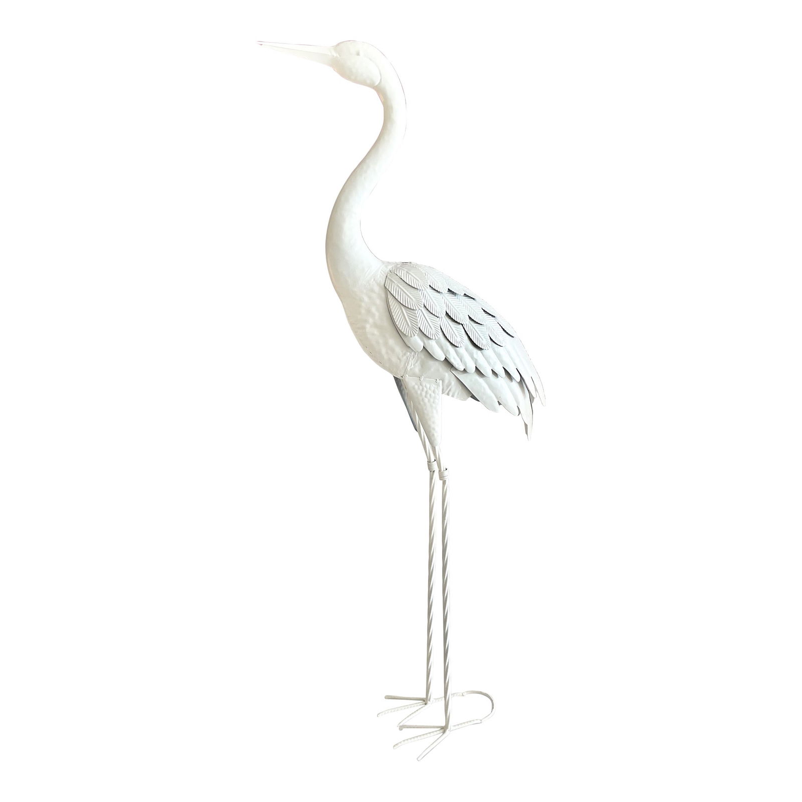 Tall White Lacquered Metal Stork: 18"W × 7"D × 47.5"H 2010s boho chic tall metal stork looking up freshly lacquered in white. Great addition to your Palm Beach and Boho Chic inspired decor.