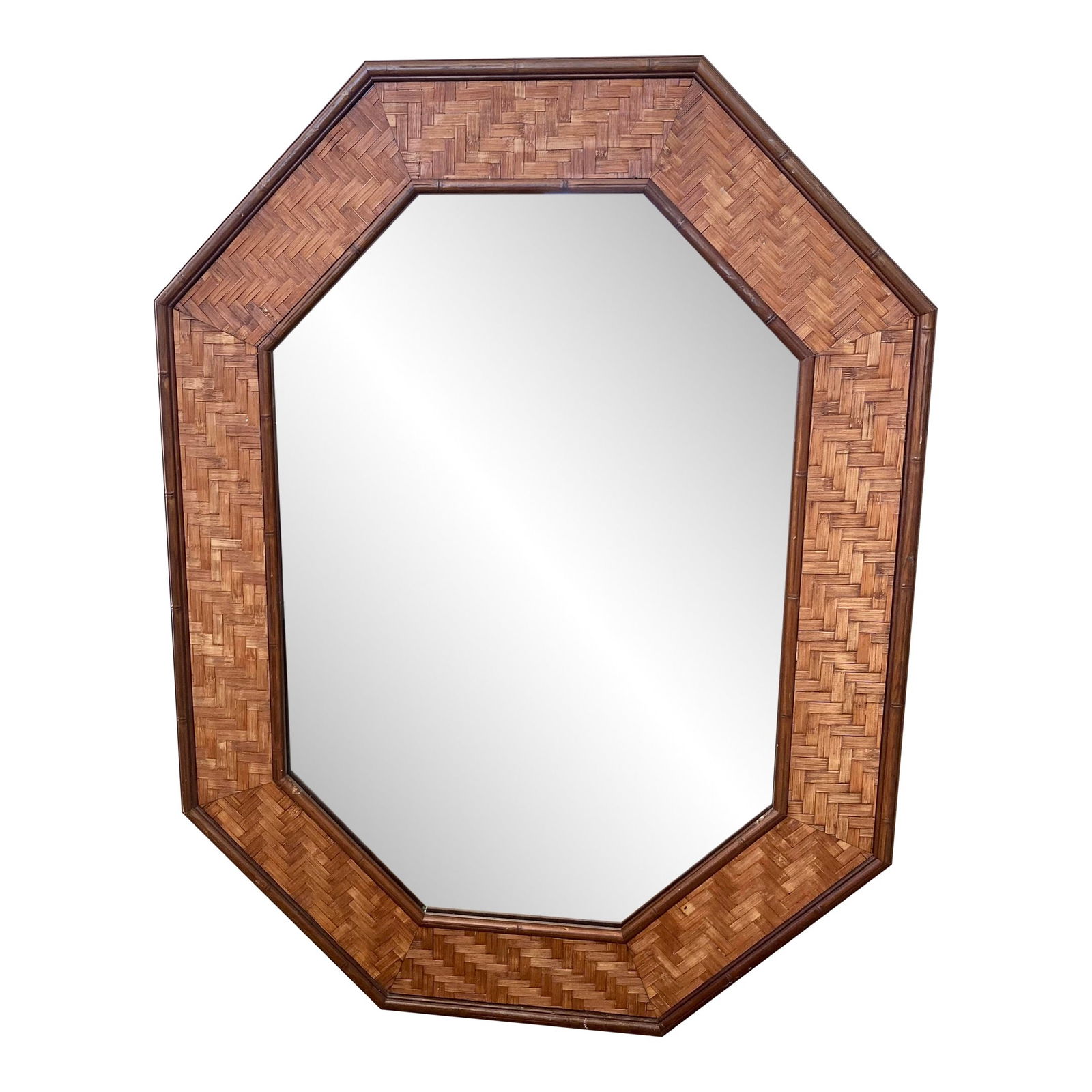 Basket Weave Rattan Mirror: 32"W × 2"D × 42"H 1960s Boho Chic basket weave rattan mirror with faux bamboo wood details.Great addition to your boho chic inspired home and interiors. Made in U.S.A.