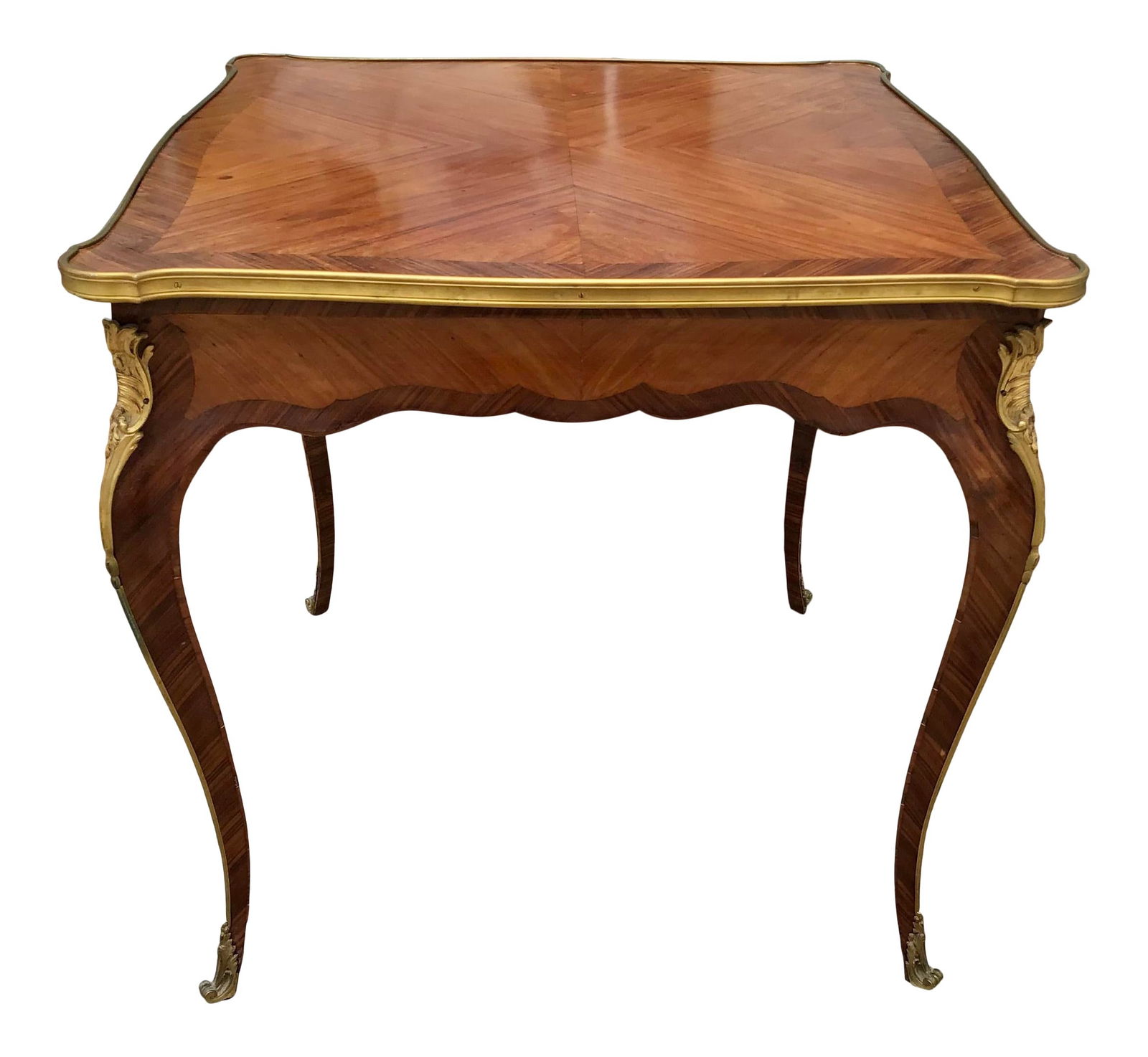 French Louis XV Transition Square Center Table: 28.5"W × 28.5"D × 28.5"H Mid 19th Century classic Louis XV transition square center table or game table with fabulous bronze ormolu mounts. Perfect marquetry detail in the wood pattern make this a F