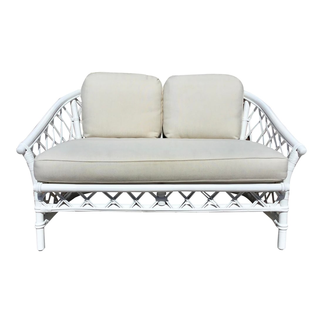 Ficks Reed Rattan and Bamboo Loveseat in White Lacquer and New Todd Hase Upholstery: 51"W × 30"D × 28"H Seat Interior Width: 43.0 in Seat Interior Depth: 20.0 in Seat Height: 19.0 in Arm Height: 22.0 in 1960s Boho Chic small Ficks Reed loveseat newly lacquered in white and cushions