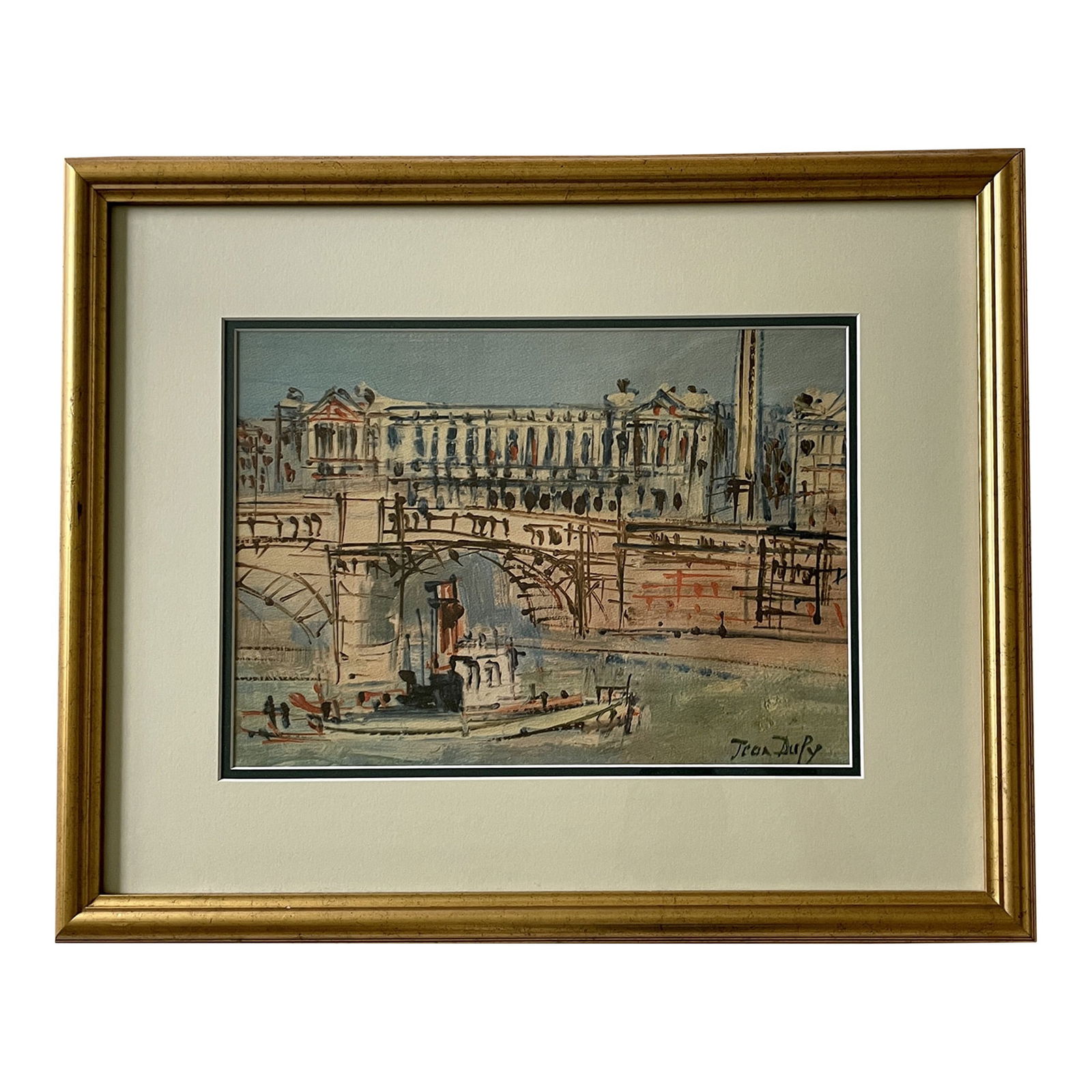 Paris Scene Illustration Lithograph of Place De Concord by Jean Dufy: 22"W × 1"D × 18"H Art piece: 13.75" x 10" Paris architectural cityscape scene illustration lithograph of De Concord square by Jean Dufy. This piece is framed. Made in France.