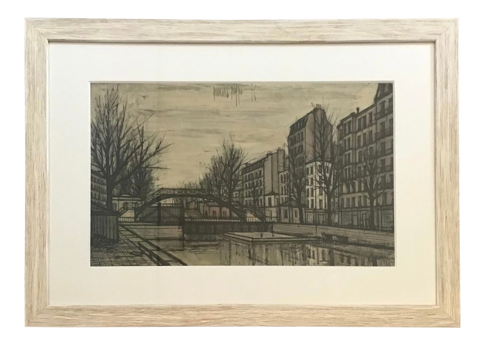 Bernard Buffet Signed Lithograph of Paris: 31"W × 1"D × 22.5"H Wonderful Bernard Buffet signed modern lithograph on paper of Paris in a new white washed frame of the 1960s period. The Buffet Paris scenes are very rare. Made in France.