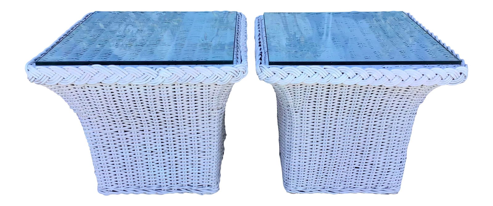 Bielecky Brothers White Square Rattan Side Tables, a Pair: 25.5"W × 25.5"D × 20.75"H Bielecky Brothers large pair of Boho Chic woven rattan square side tables with glass tops included made in the 1970s. These would make great side tables with a coastal vibe