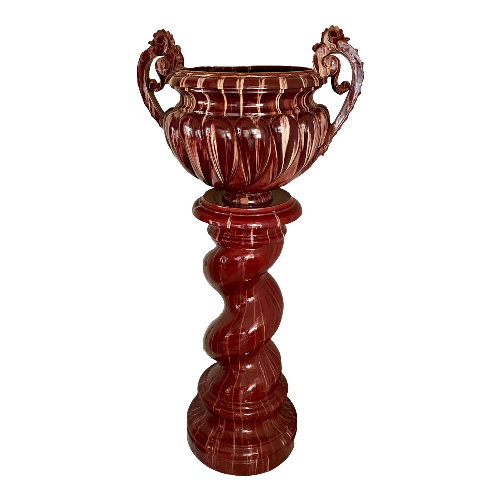 Jerome Massier French 2-Piece Glazed Burgundy Terra Cotta Urn on a Pedestal (1 of 10)