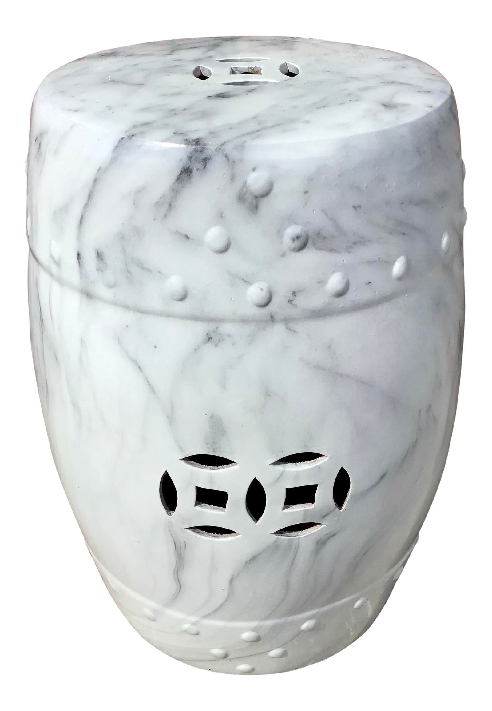 Faux Marble Asian Ceramic Garden Seat: 12"W × 12"D × 18"H 1970s Asian ceramic garden seat painted to imitate a marble pattern design. Besides your patio, it would be a great addition to your bar or living room.