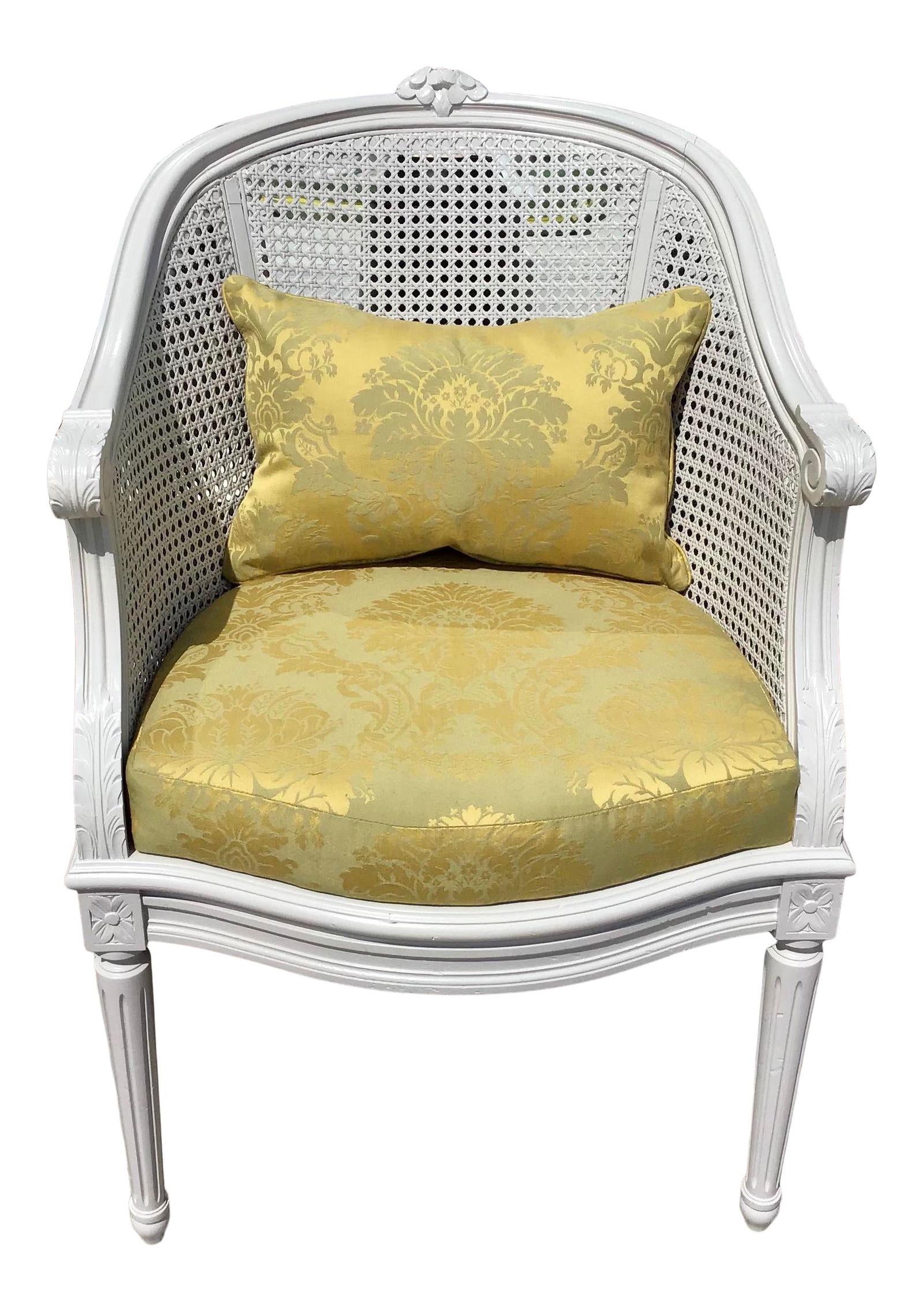 French Louis XVI Classic Barrel Chair: 22.5"W _ 24"D _ 35"H Seat interior depth: 18.0 in Seat height: 20.0 in Seat interior with: 19.5 in Arm height: 28.0 in Early 19th Century classic chic French Louis XVI barrel chair with new gray lacqu