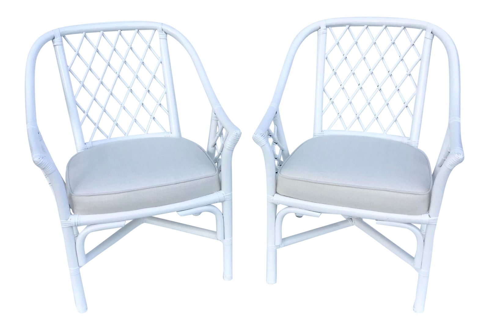 Ficks Reed Barrel Chairs in White Lacquer and Todd Hase Textiles, a Pair: 24"W _ 23.5"D _ 31"H Seat Height: 17.0 in 1960s Ficks Reed barrel chairs in new white lacquer and new Todd Hase textiles. Great vintage rattan lattice work. All new finish and fabric. Made in U.S.A.