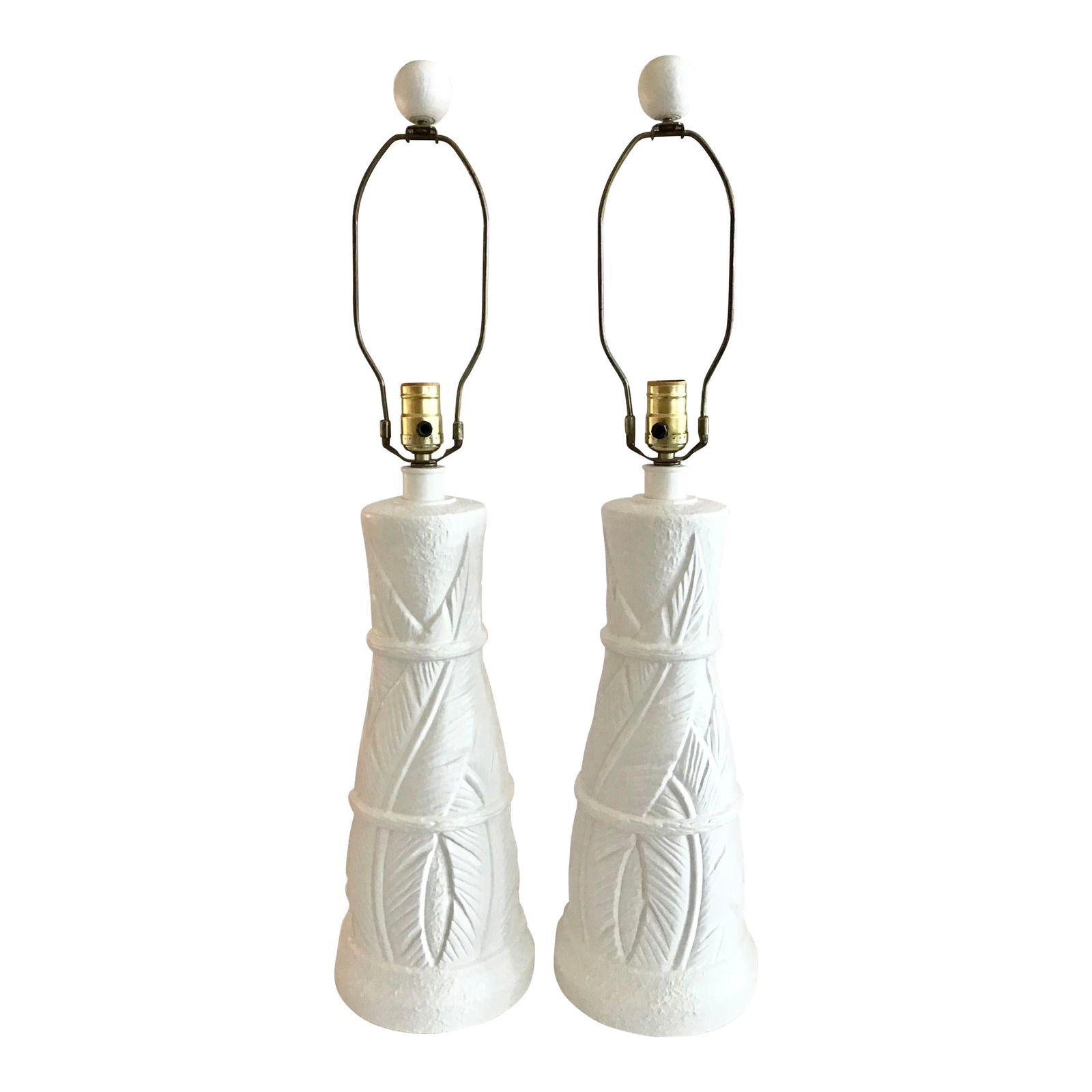Serge Roche Style White Plaster Floral Table Lamps, a Pair: 7"W _ 7"D _ 30"L 1960s pair of tall Srge Roche Style plaster table lamps freshly lacquered in white. These are tall lamps at 30" high. Floral carving details are amazing. Just add fabulous shades of y