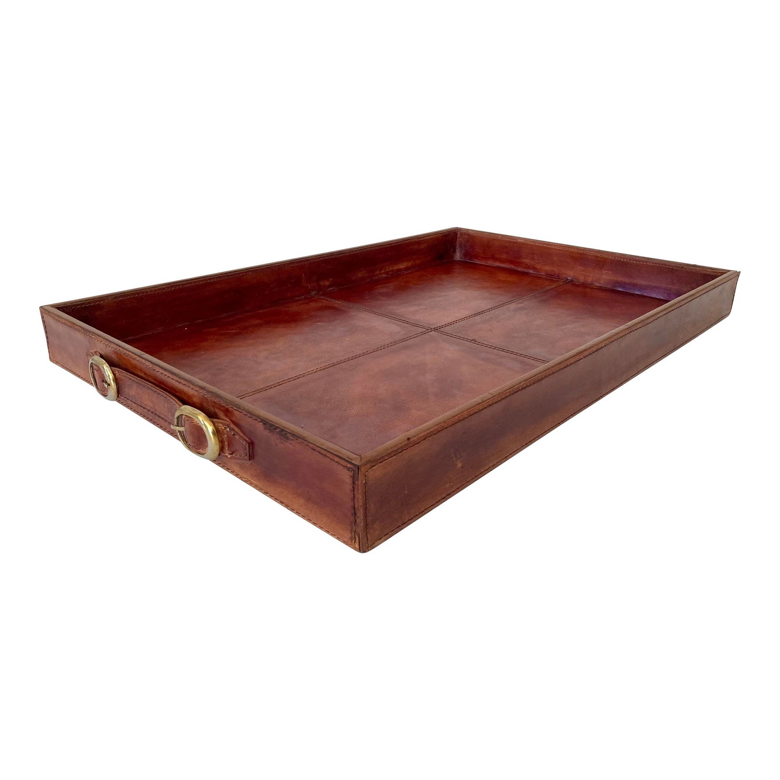 Hermes Style Leather Serving Tray: 16"W × 24"D × 2"H 1970s vintage Hermes style leather serving tray. Gorgeous leather and hardware on the handles. Use as a tray or beautiful centerpiece on your coffee table. Made in France.