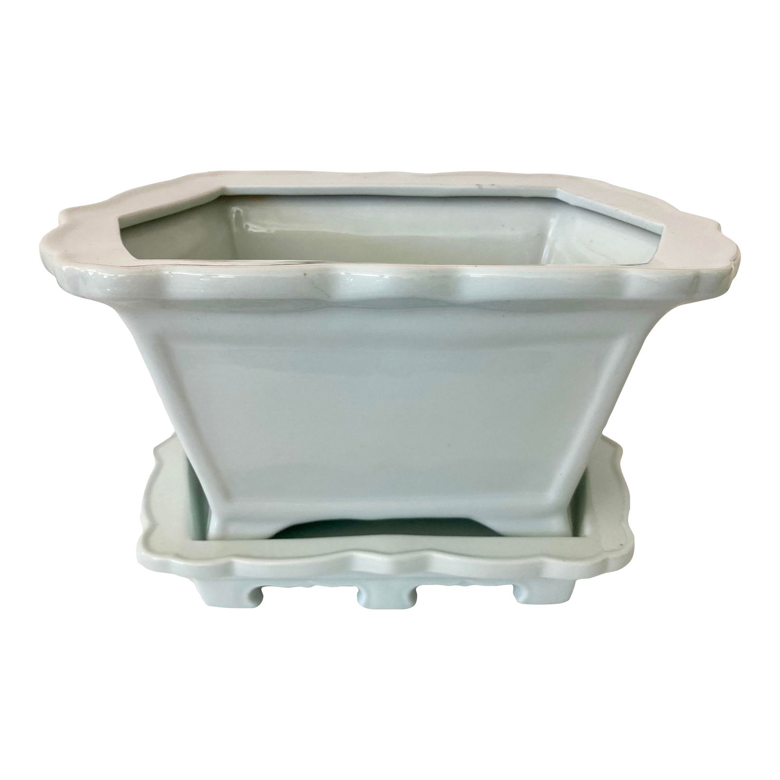 Glazed Chinese Ceramic Cachepot With Lower Water Tray #1: 18"W × 12"D × 10"H 1950s Chinese glazed off-white ceramic cachepot on a plate with leg stands.