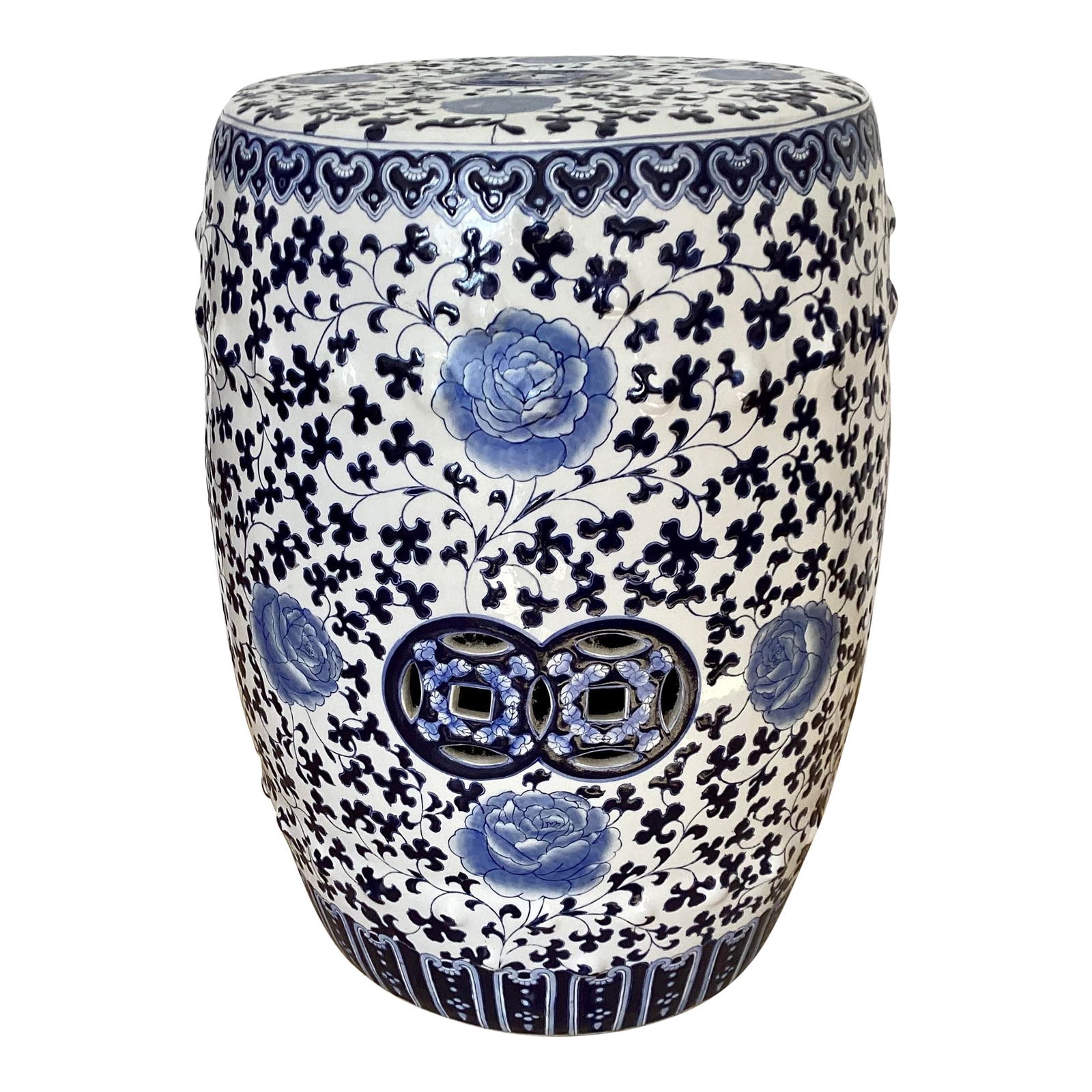 Vintage Blue and White Chinese Garden Seat: 12"W × 12"D × 18.5"H 1990s blue and white ceramic garden seat with floral drawings. Great addition to your interiors and patio to hold your drinks and snacks.