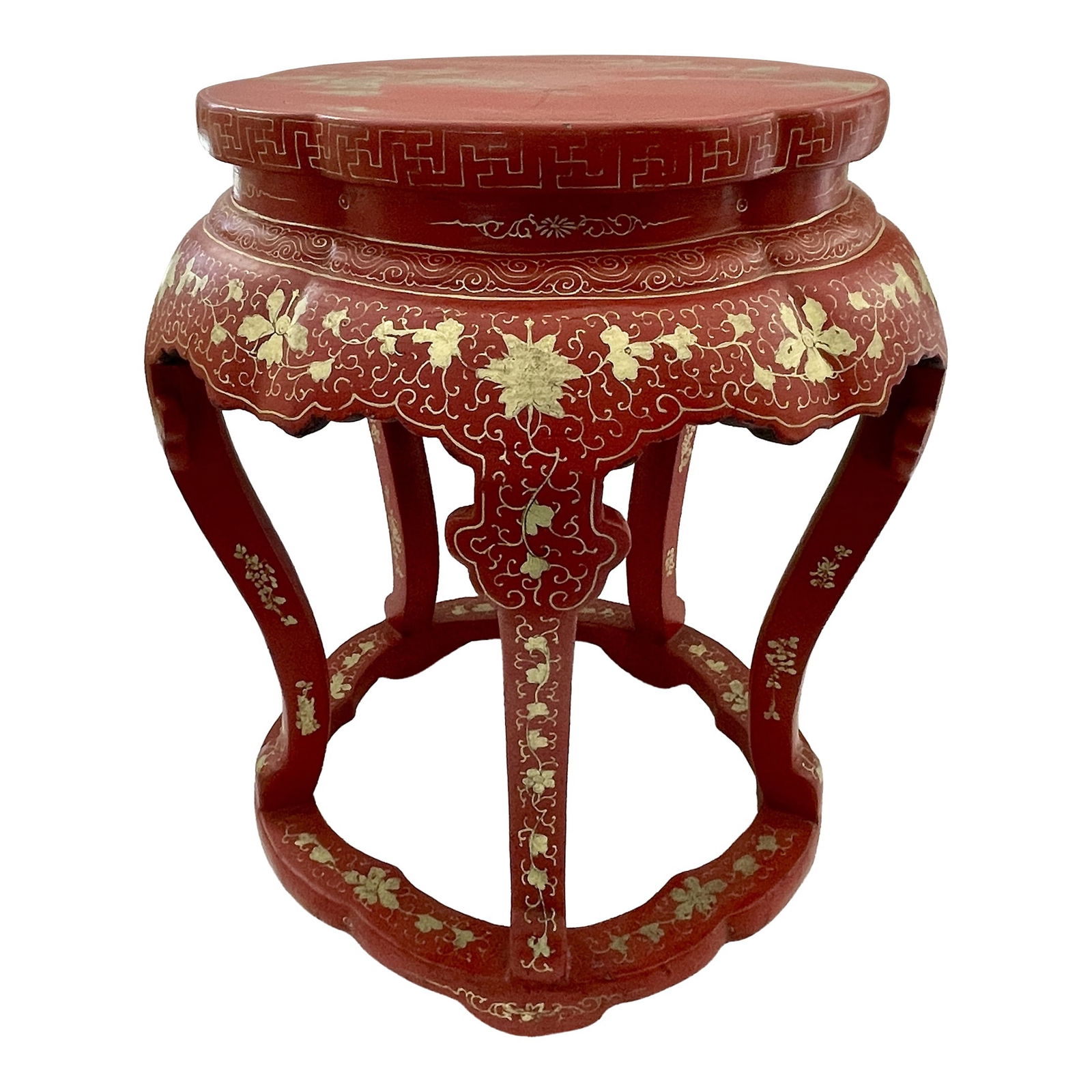 Chinoiserie Cocktail Table Chinese in Original Finish: 17"W × 17"D × 18.75"H Early 20th Century chinoiserie cocktail stool wood table on five legs and a lower base. Gorgeous carved with gold details in every part of this table to enchant your interiors