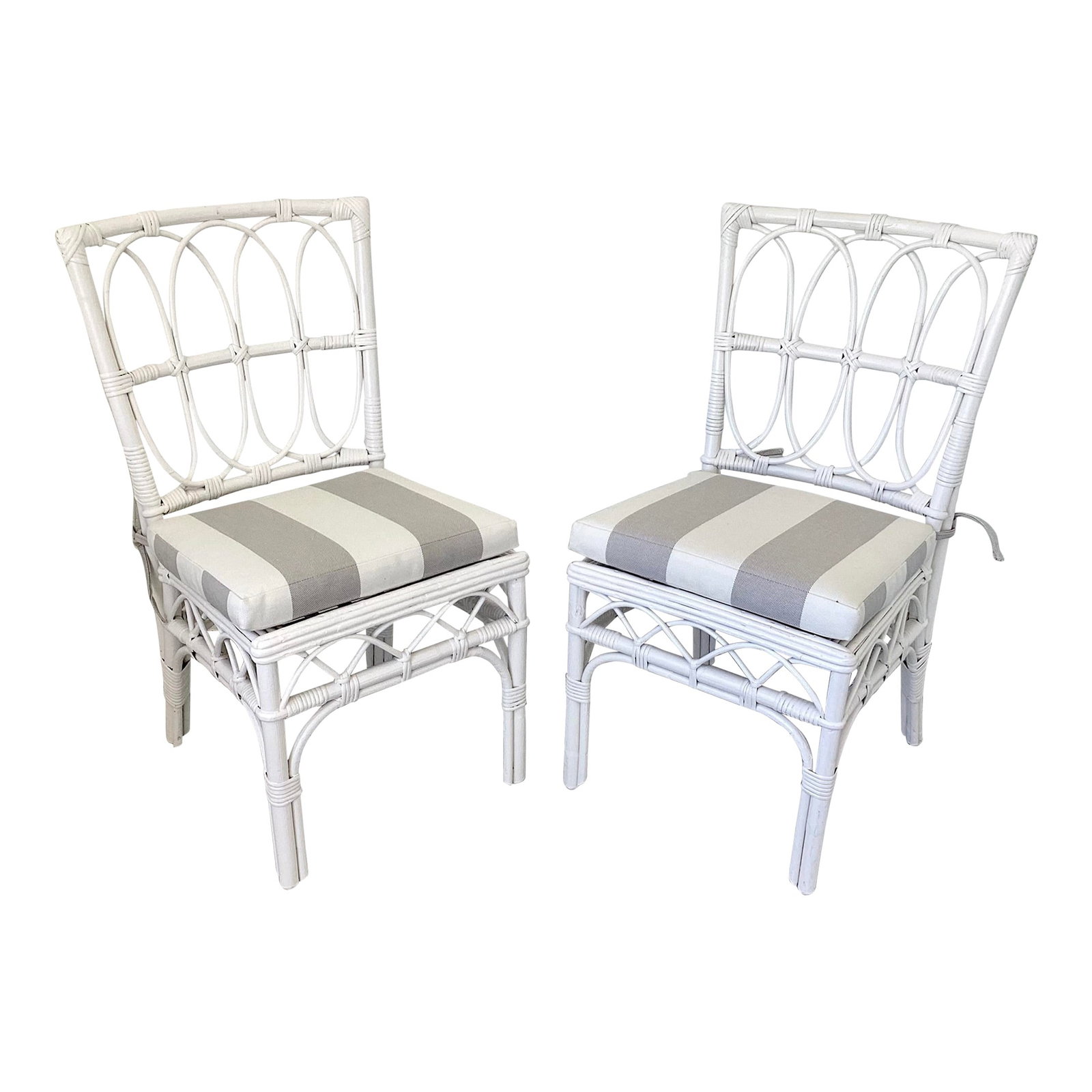 Ficks Reed Side Chairs With New Sunbrella Cushions, a Pair: 18"W × 21"D × 34"H Seat Interior Width: 17.0 in Seat Interior Depth: 15.0 in Seat Height: 20.0 in 1960s pair of Ficks Reed boho chic rattan side chairs with new Sunbrella cushions freshly lacquered