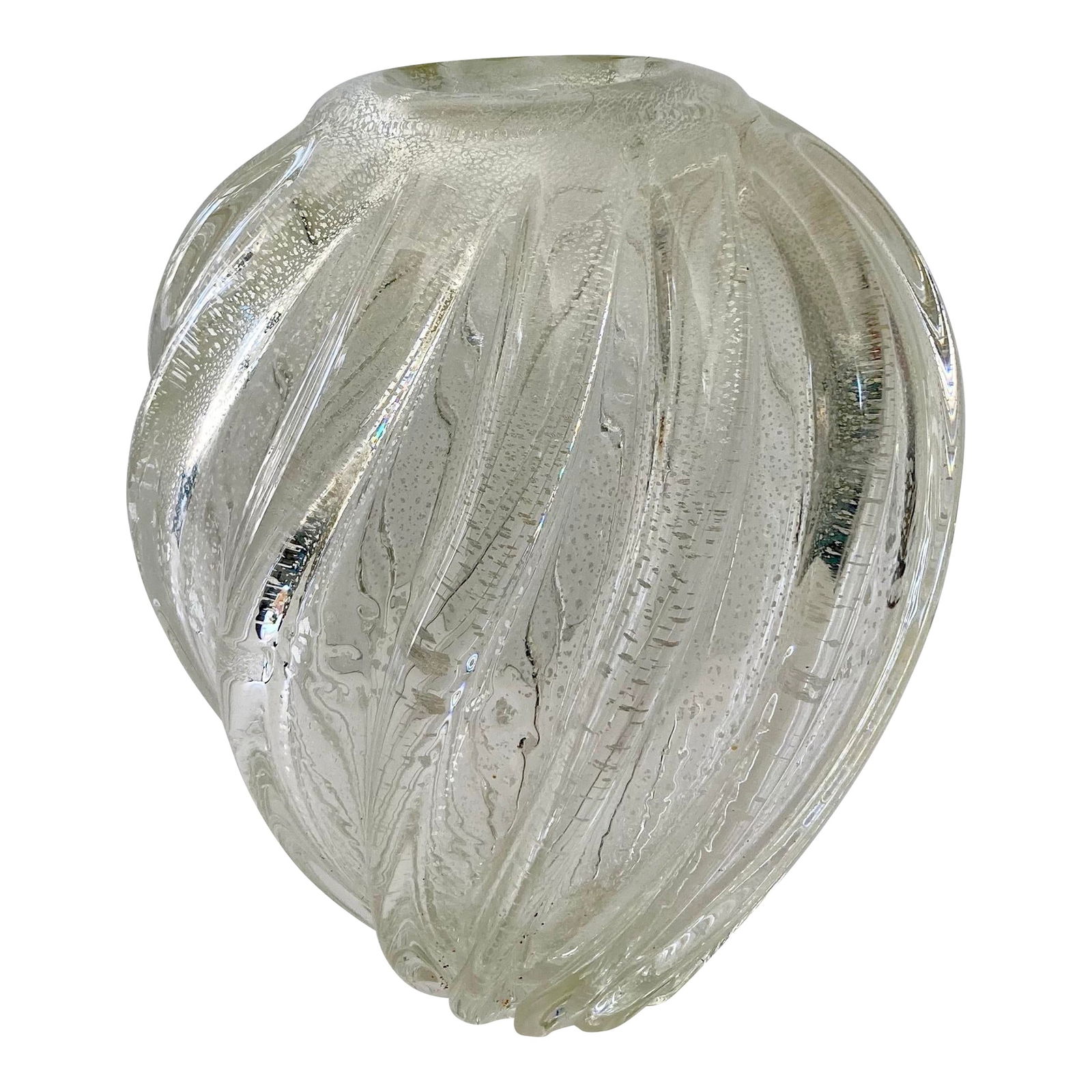 Murano Glass Silver and Clear Vase: 11"W × 8"D × 12"H 1970s Murano glass vase with silver and clear coloring. All hand blown and hand ground at the bottom base. Beautiful coloring from Murano, Venice, Italy.