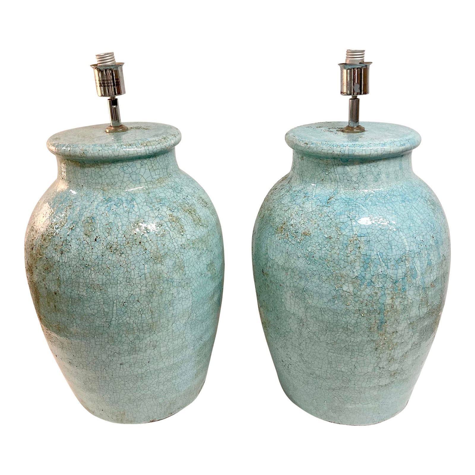 Mid-Century Pottery Lamps in Natural Light Blue Aged Glaze Table Lamps, a Pair (1 of 15)