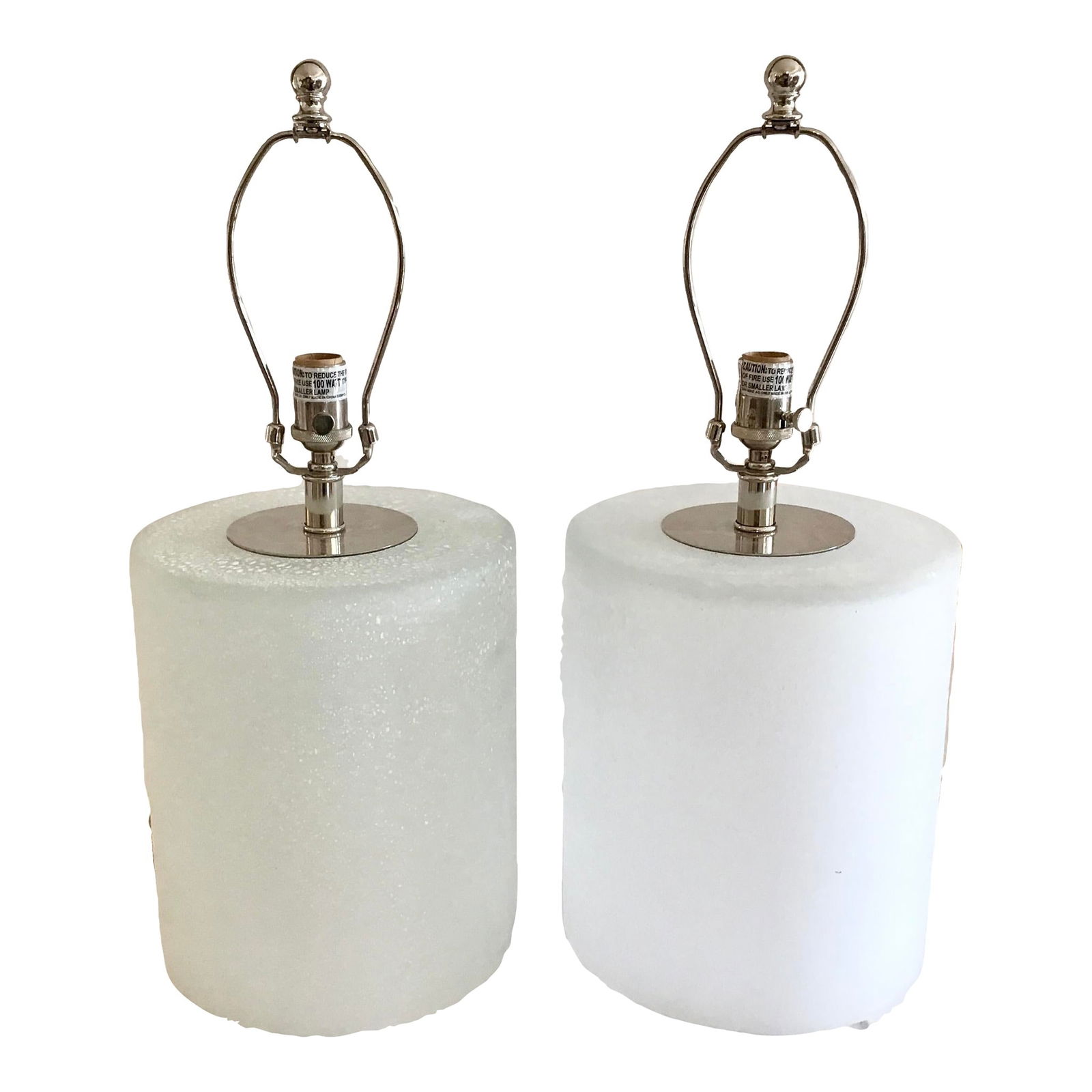 Modern Cylinder Frosted Art Glass Table Lamps, a Pair: 10"W × 10"D × 23.5"L 1970s modern pair of white table lamps. Great addition to your interiors. Just add shades of your choice.