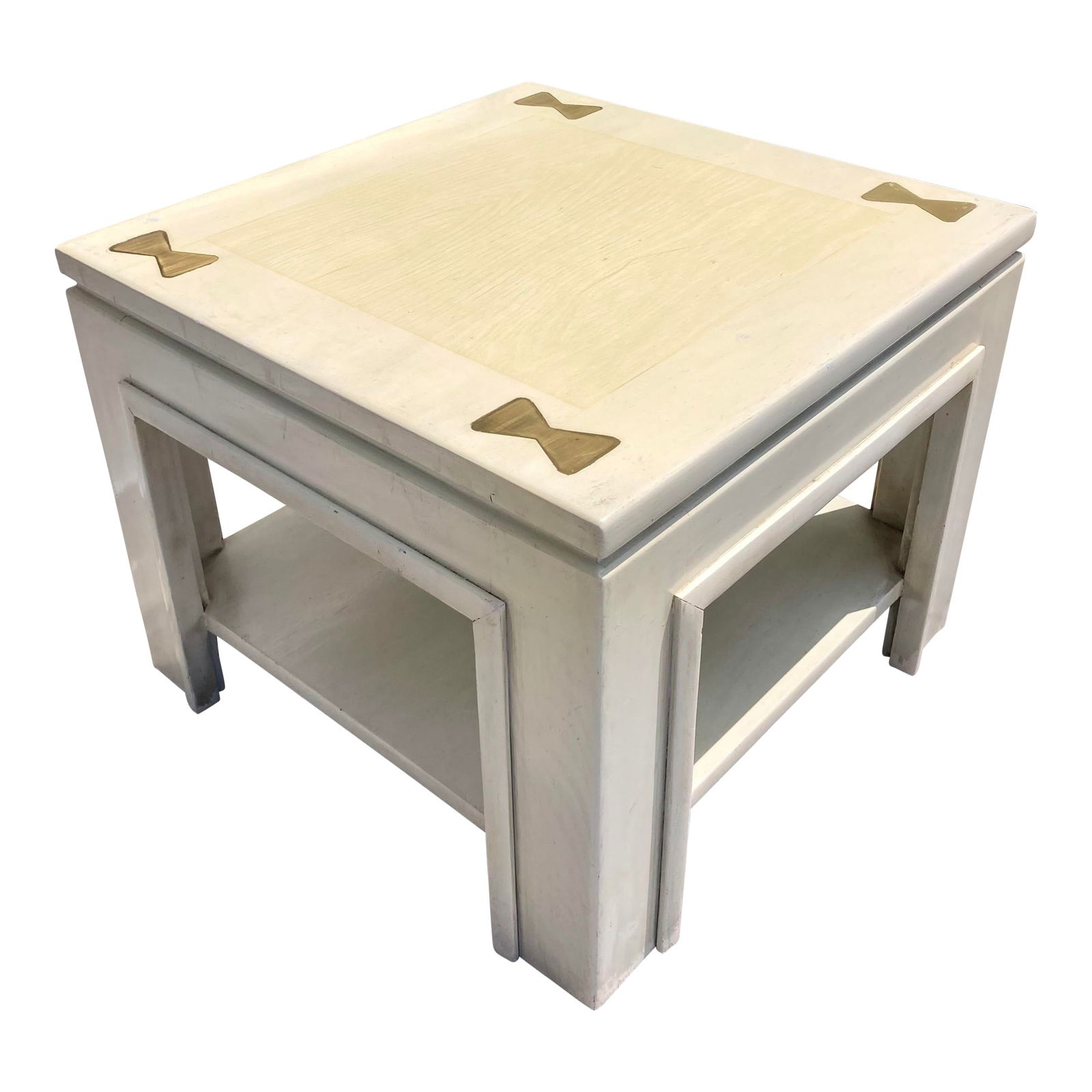 James Mont Cocktail Table Ming Style With Brass Insets: 20"W × 20"D × 16"H 1950s James Mont cocktail table in the Ming style with brass insets on the top surface. Original painted finish with very unique brass insets and a lowers shelf. This is an extrem