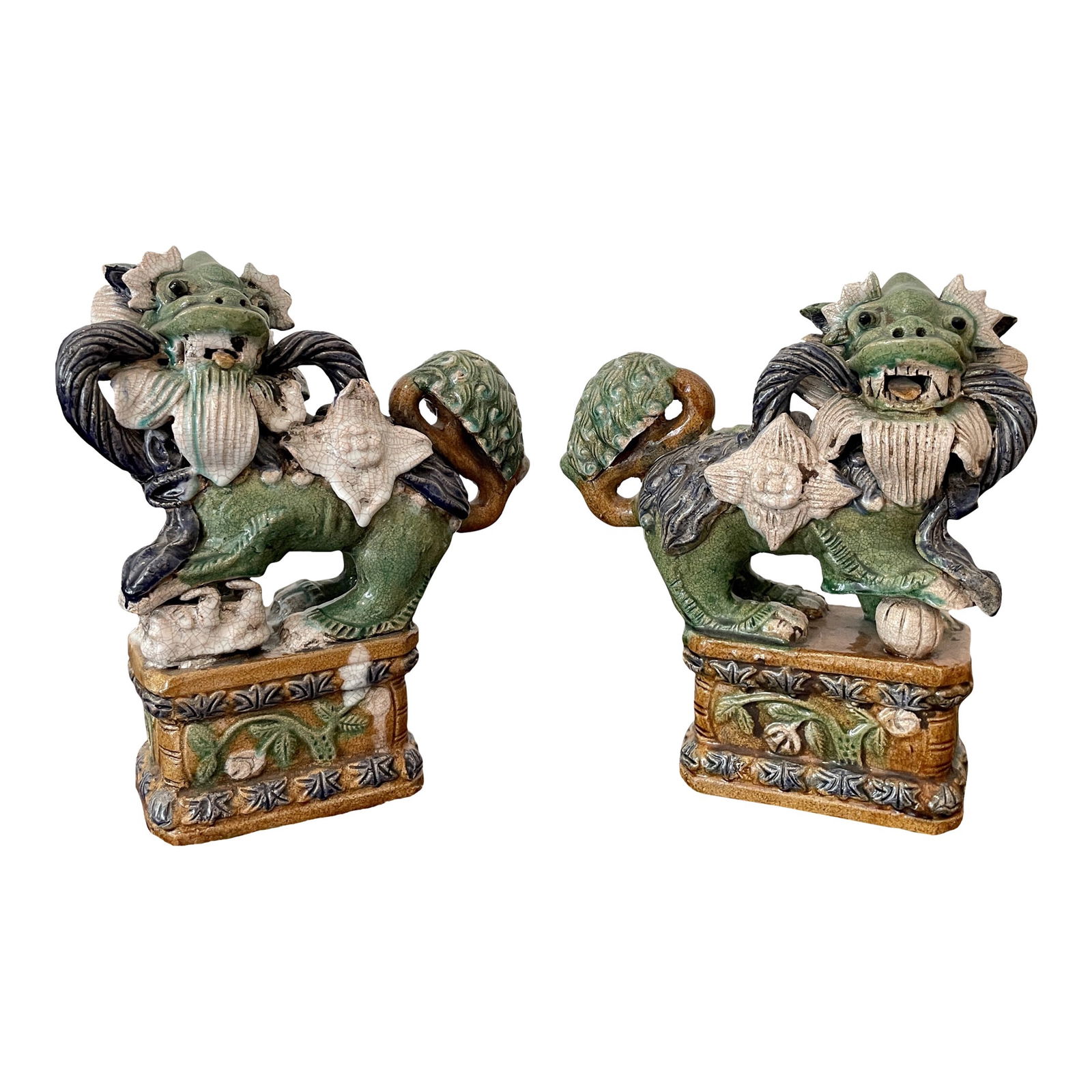 Classic Glazed Terra Cotta Foo Dogs on a Base, a Pair (1 of 10)