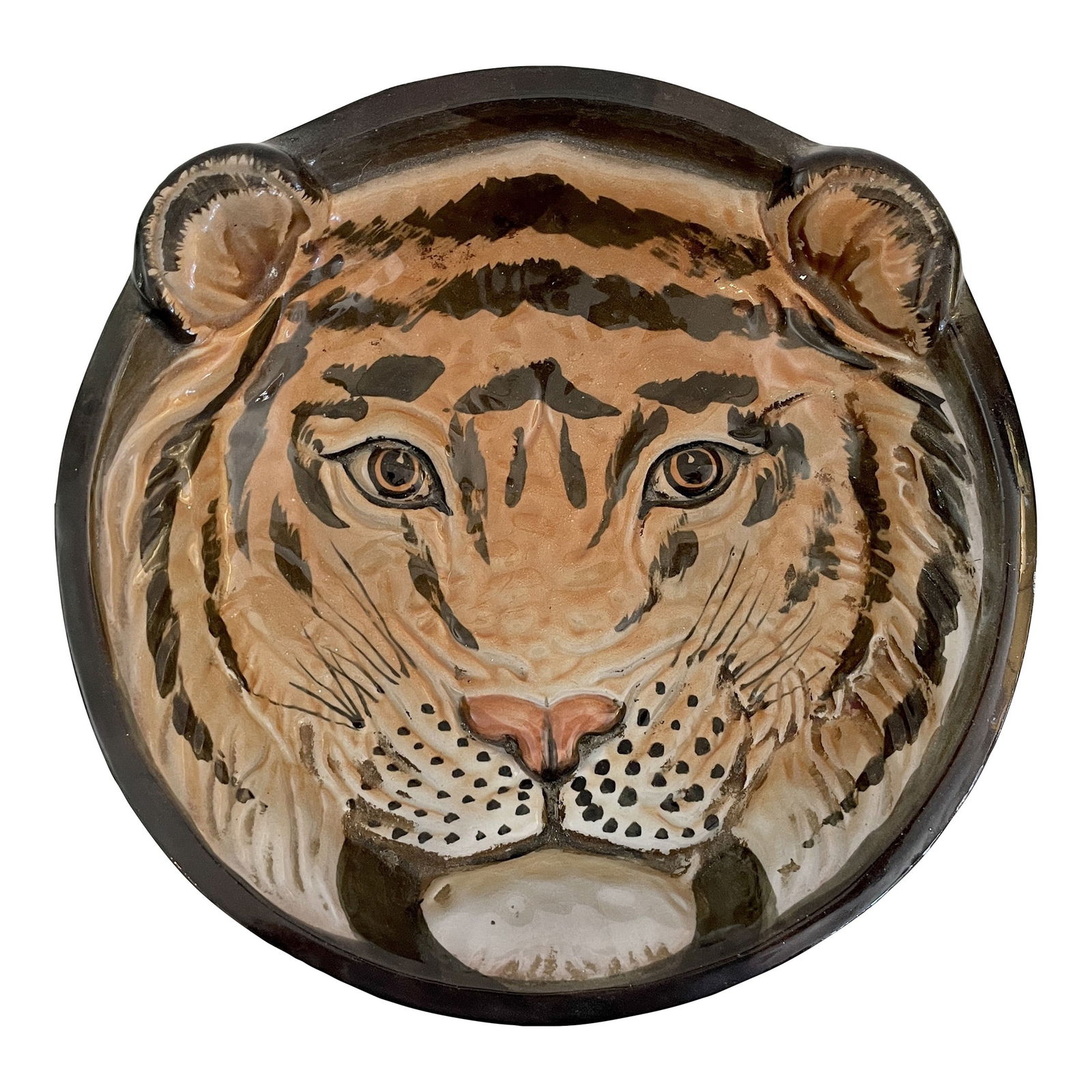 Boho Chic Tiger Serving Bowl: 10"W × 10"D × 2.5"H 1960s Boho Chic ceramic serving bowl of a tiger face paint and motifs. Great addition to your bar and parties. Made in Italy.