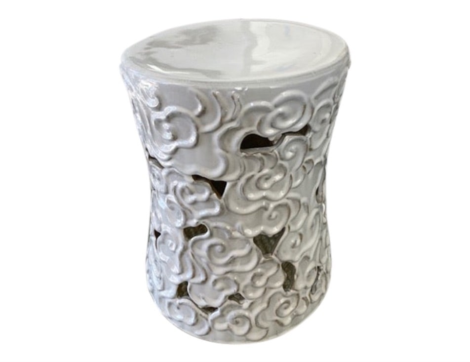 White Glazed Ceramic Cloud Garden Seat: 14"W × 14"D × 17.5"H 1980s Modern white glazed ceramic cloud garden seat. Great addition to your patio and outdoors for drinks. Made in U.S.A.