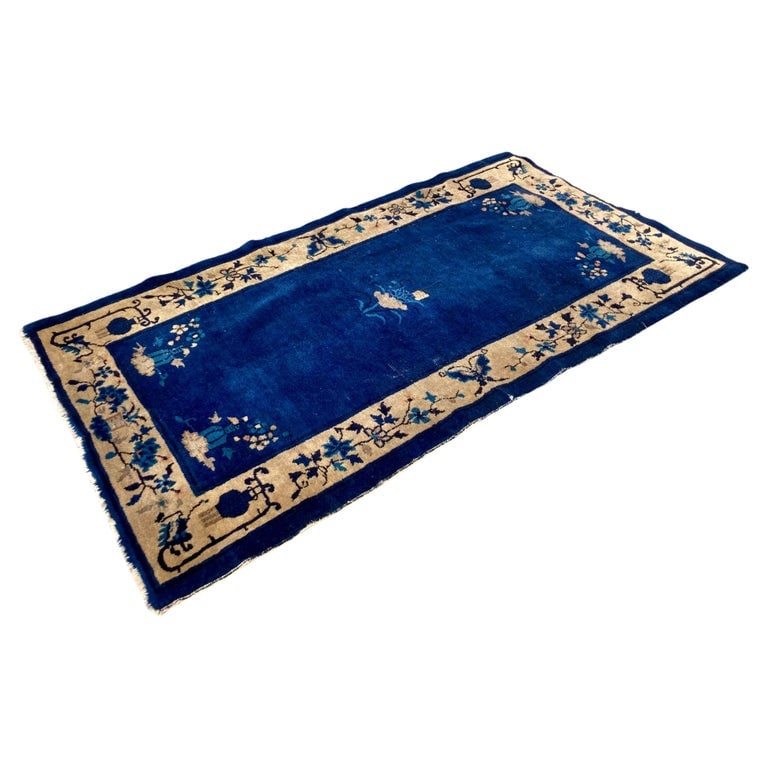 Peking Blue Chinese Textile Floor Covering: 38"W × 70"D × 0.25"H Mid 20th Century Peking blue Chinese textile floor covering. Great addition to your interiors and rooms. Perfect size for a bathroom!