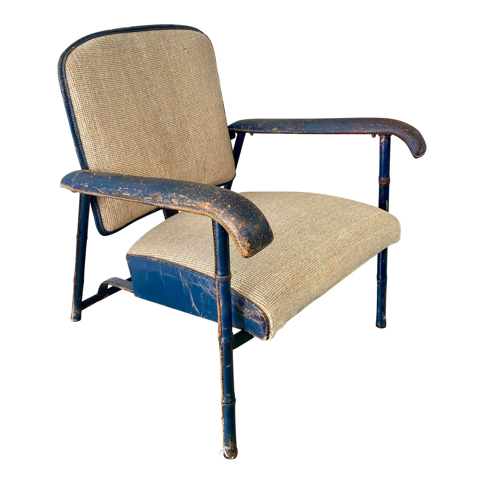 Jacques Adnet Dark Blue Leather Wrapped Arm Chair With Original Textured Upholstery (1 of 18)