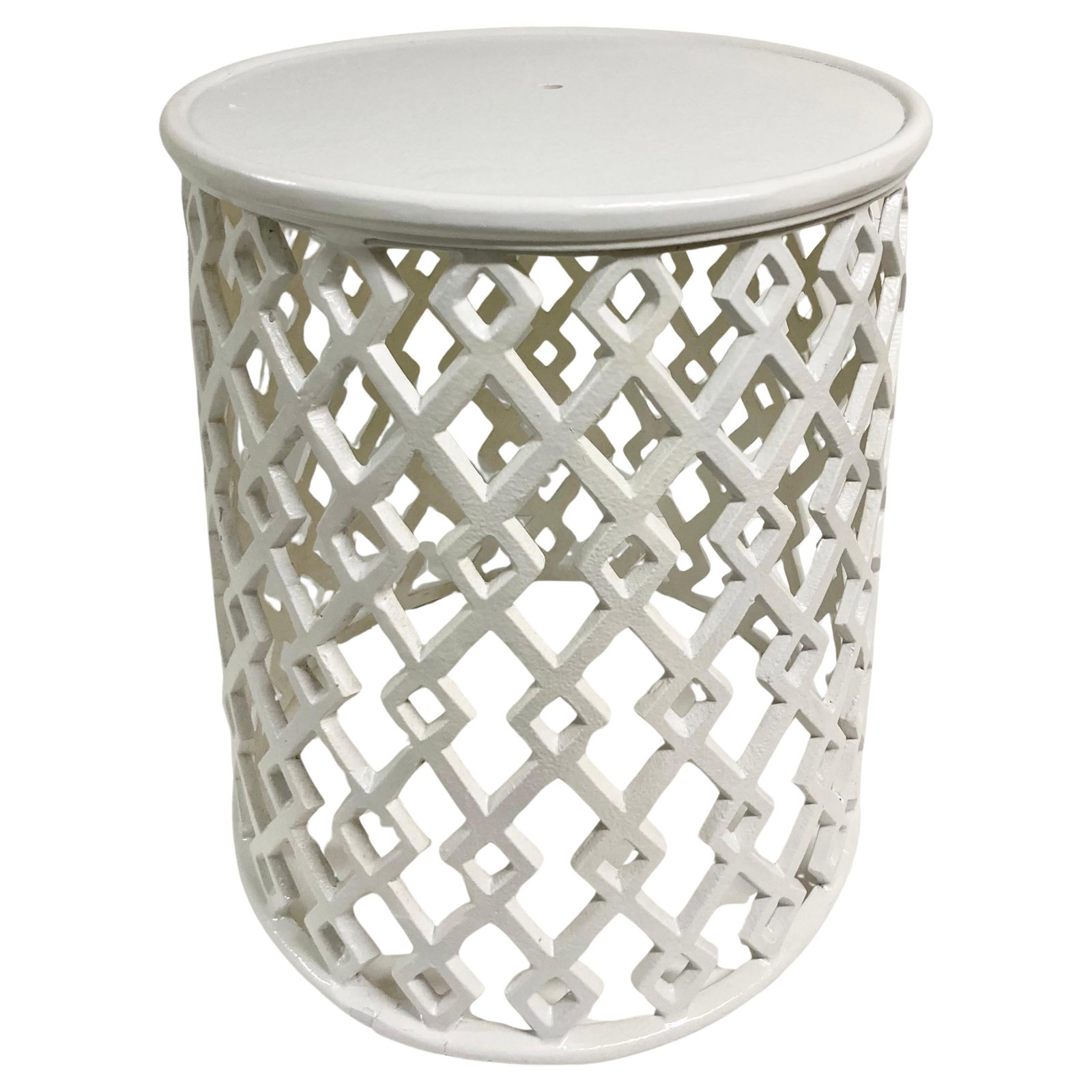 Cast Aluminum White Painted Mid Century Garden Seat: 15"W × 15"D × 16"H 1950s Mid-Century cast aluminum white painted garden seat in a geometric pattern. Gorgeous details around the sides of this drum table. Use as an extra seating or as a cocktail ta