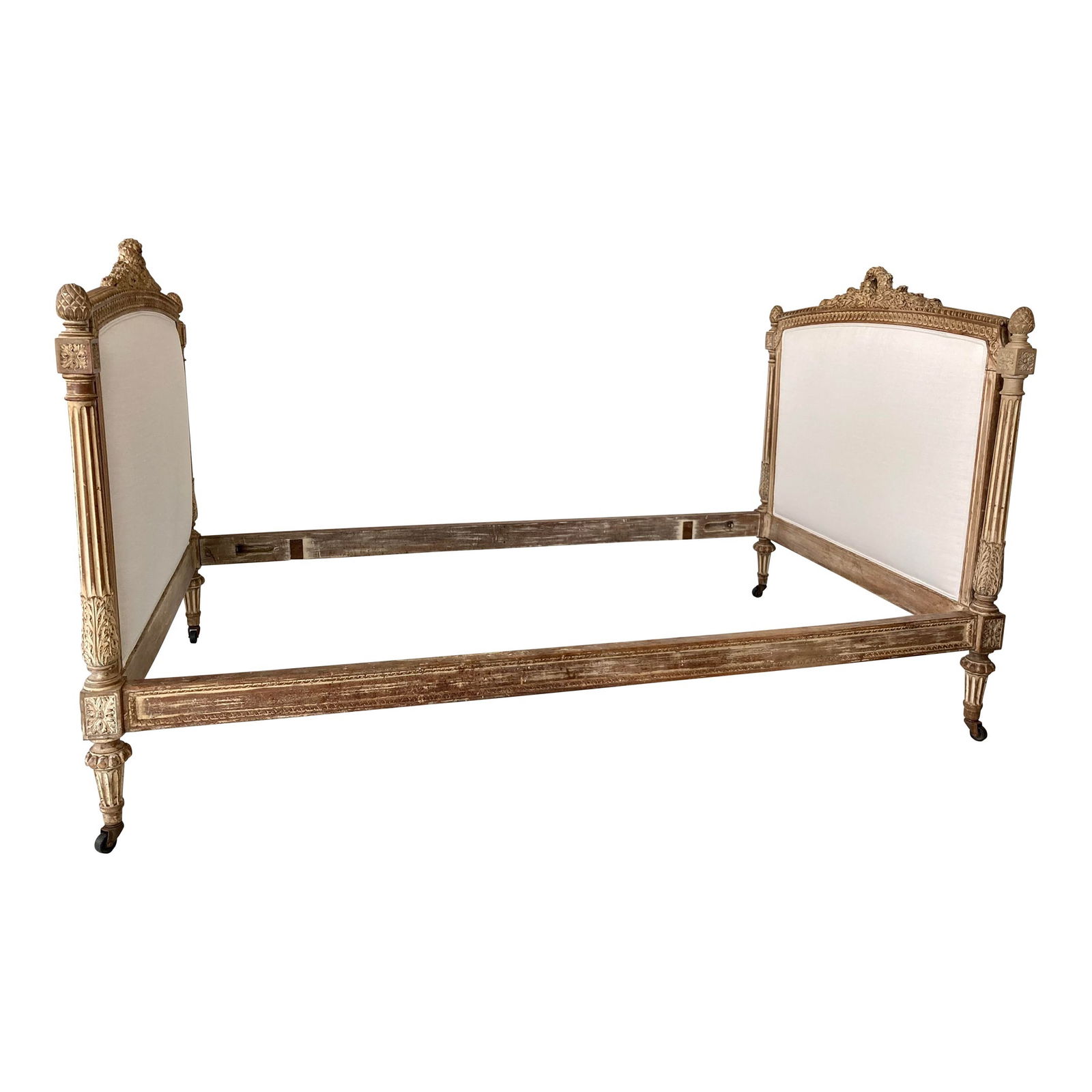 French Louis XVI Daybed: 82"W × 46"D × 47"H Arm Height: 47.0 in Seat Height: 20.0 in Interior dimensions: 76.5" x 41.75" Late 19th Century French Louis XVI daybed. Original finish with new Todd Hase upholstery high performa