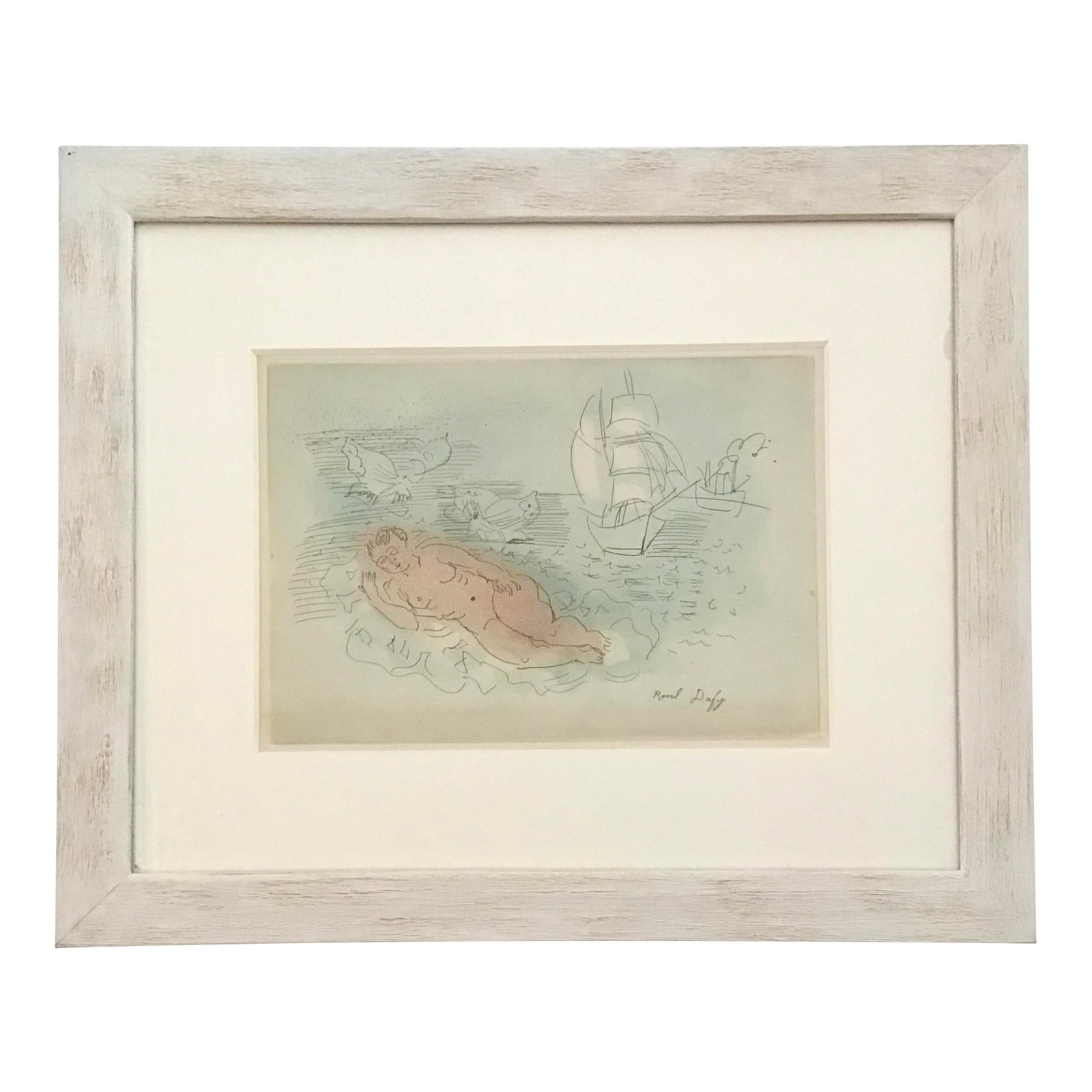 Raoul Dufy "Baigneuse" Hand Colored Etching: 21.25"W × 1"D × 17.75"H Art size: 12" x 8.5" 1960s etching by Raoul Dufy named "Baigneuse". This piece is signed in plate and includes a certificate of authenticity. Custom frame in cerused oak. For