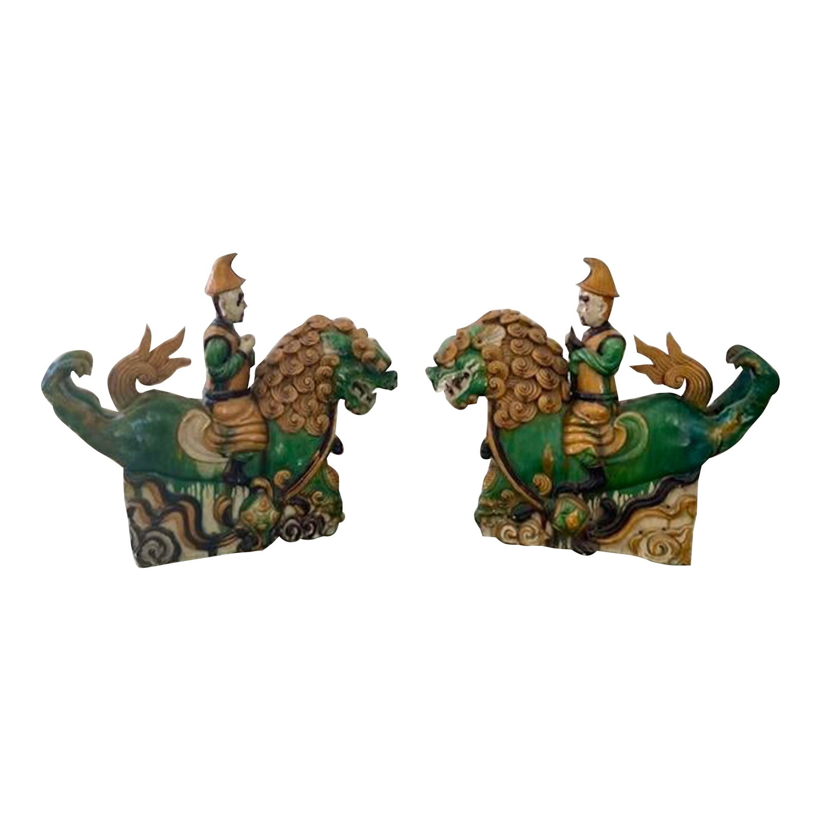 Chinese Qing Dynasty Glazed Terra Cotta Foo Dog Roof Tiles, a Pair (1 of 13)