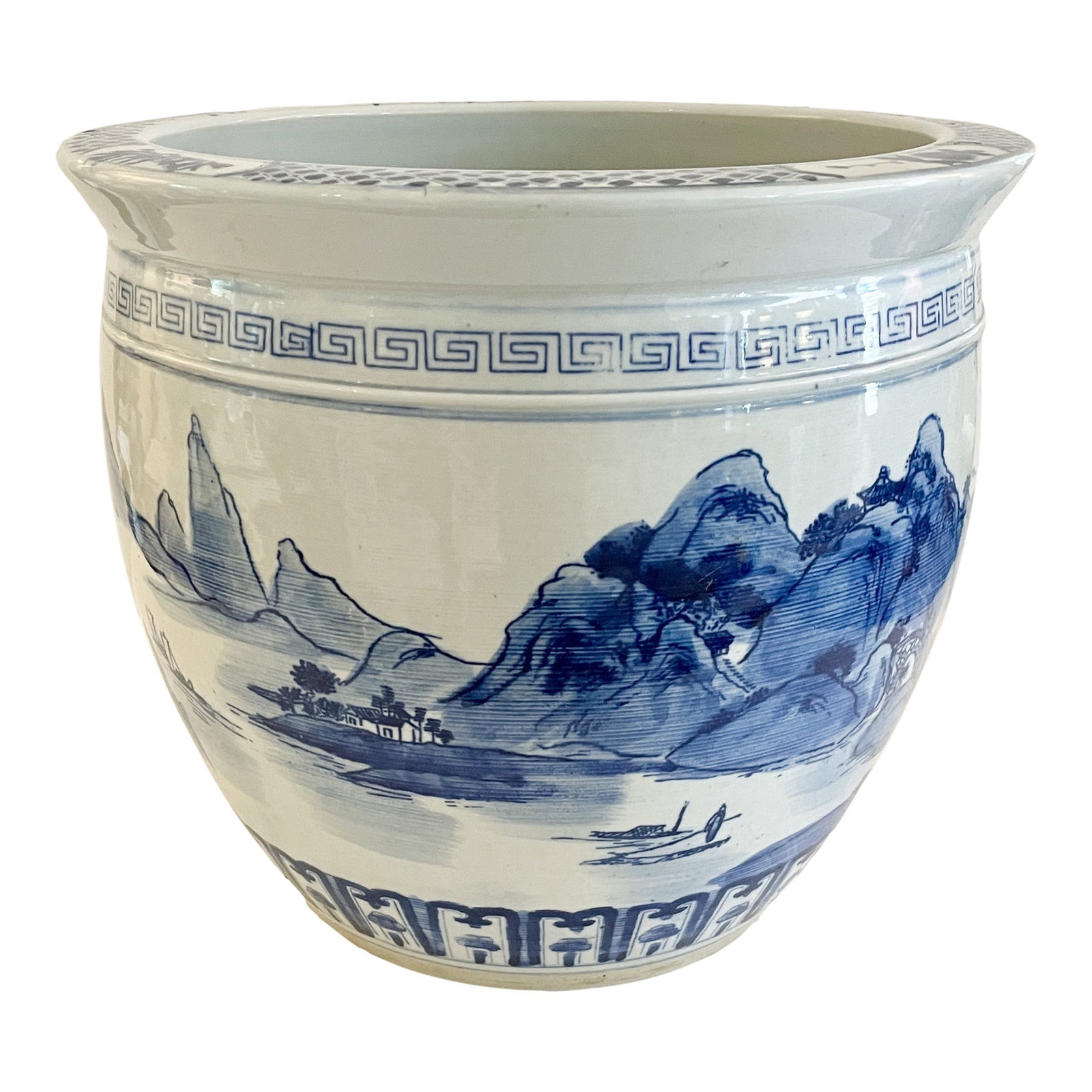 Chinese Blue and White Cachepot: 12"W × 12"D × 10.5"H 1950s Asian cachepot in a hand painted blue and white design. The pot will hold 3 orchids each, so a nice size.