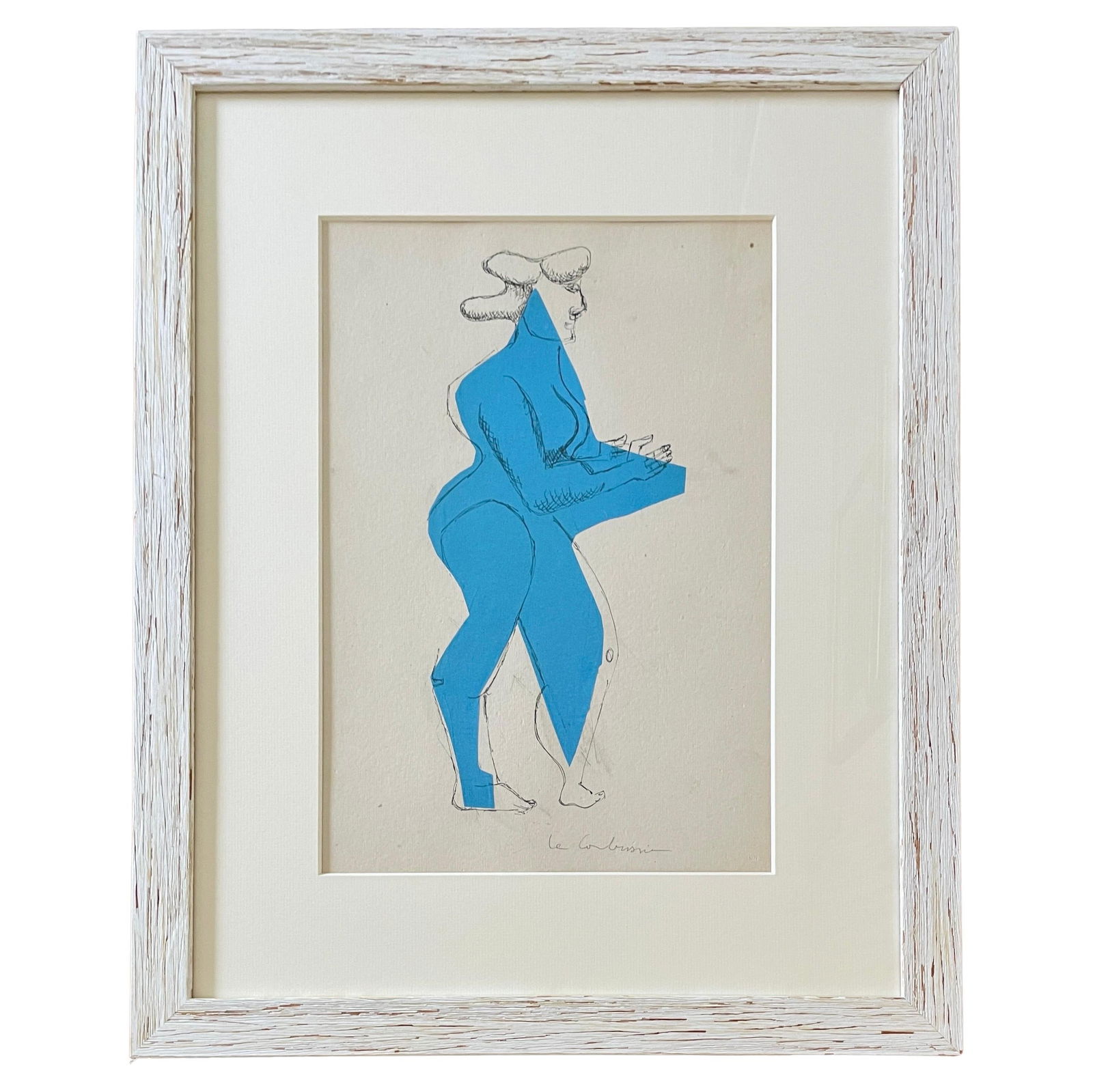 Le Corbusier (1887-1965) Collage and India Ink With Blue Paper Circa 1950 Framed Art: 23"W × 0.75"D × 29"H Art piece dimensions: 12.75" x 18.25" 1950s Le Corbusier ( 1887-1965) in the style and manner of. Collage and India ink on sturdy paper with blue collage paper. Pencil signed an