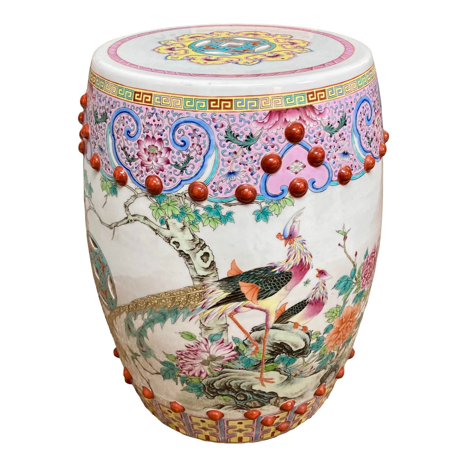 Asian Flora and Fauna Garden Seat: 14"W × 14"D × 17"H 1960s Chinese flora and fauna garden seat. Amazing design colors and drawings. Great addition to your patio and garden for drinks and snacks.