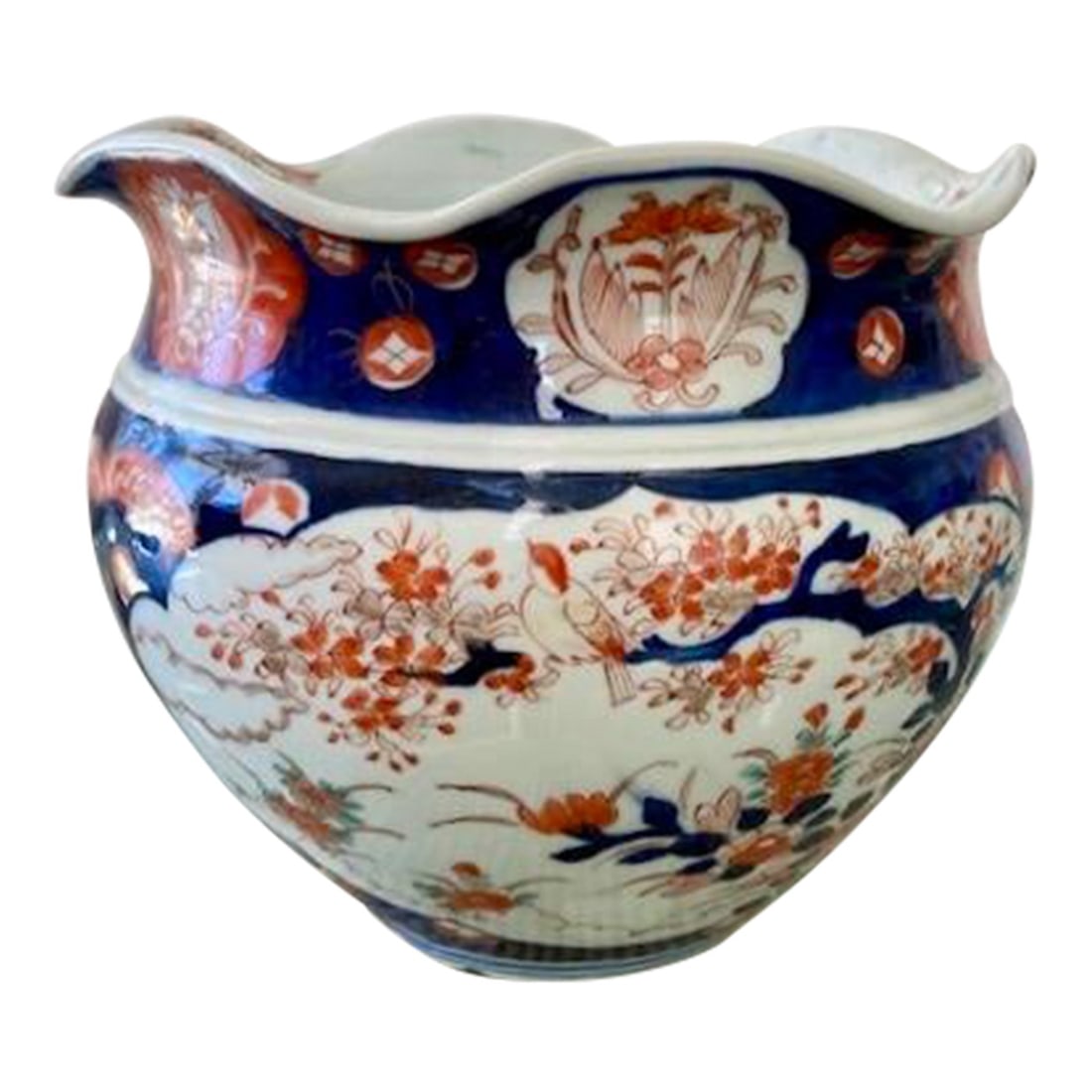 Imari Style Cachepot: 10"W × 10"D × 9"H 1950s traditional Imari style cache pot. Great addition for your interiors or outdoors. Great painting colors. Made in Japan.