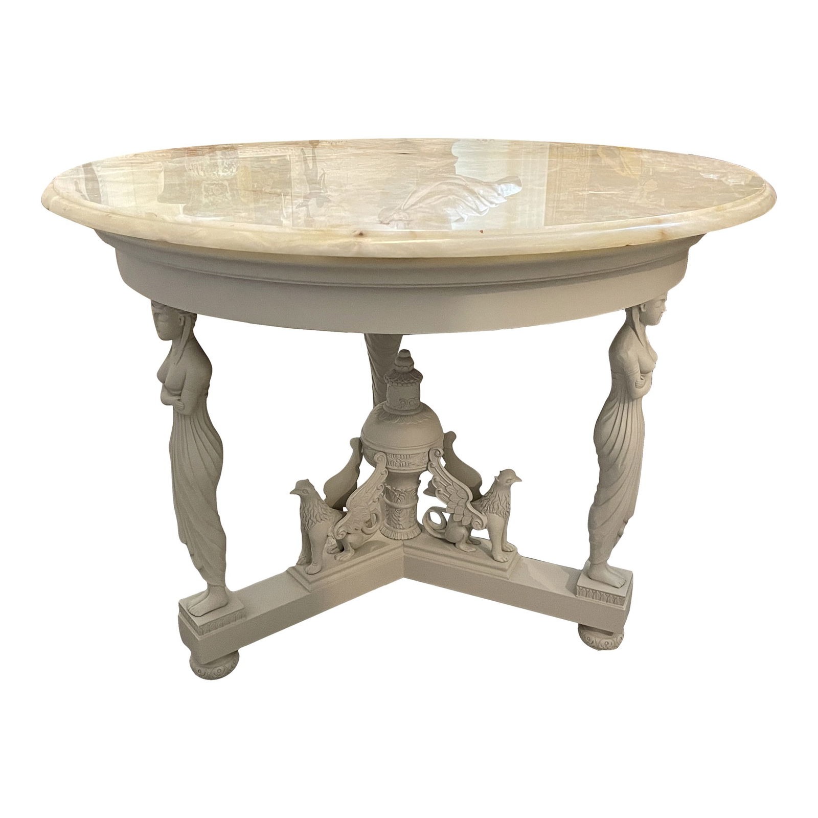 French Empire Round Center Table Painted Gray With Onyx Top (1 of 7)