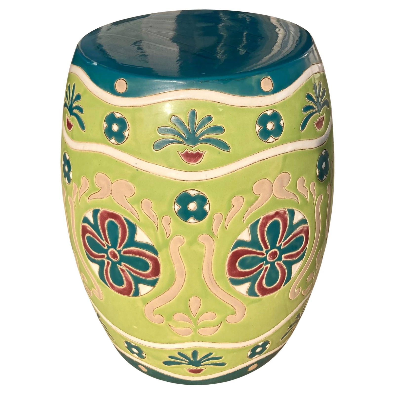 Boho Chic Colorfully Glazed Patterned Ceramic Garden Seat: 14"W × 14"D × 18"H 1970s patterned and colorfully glazed ceramic garden seat. Add some festive colors to your home and garden. Made in U.S.A.