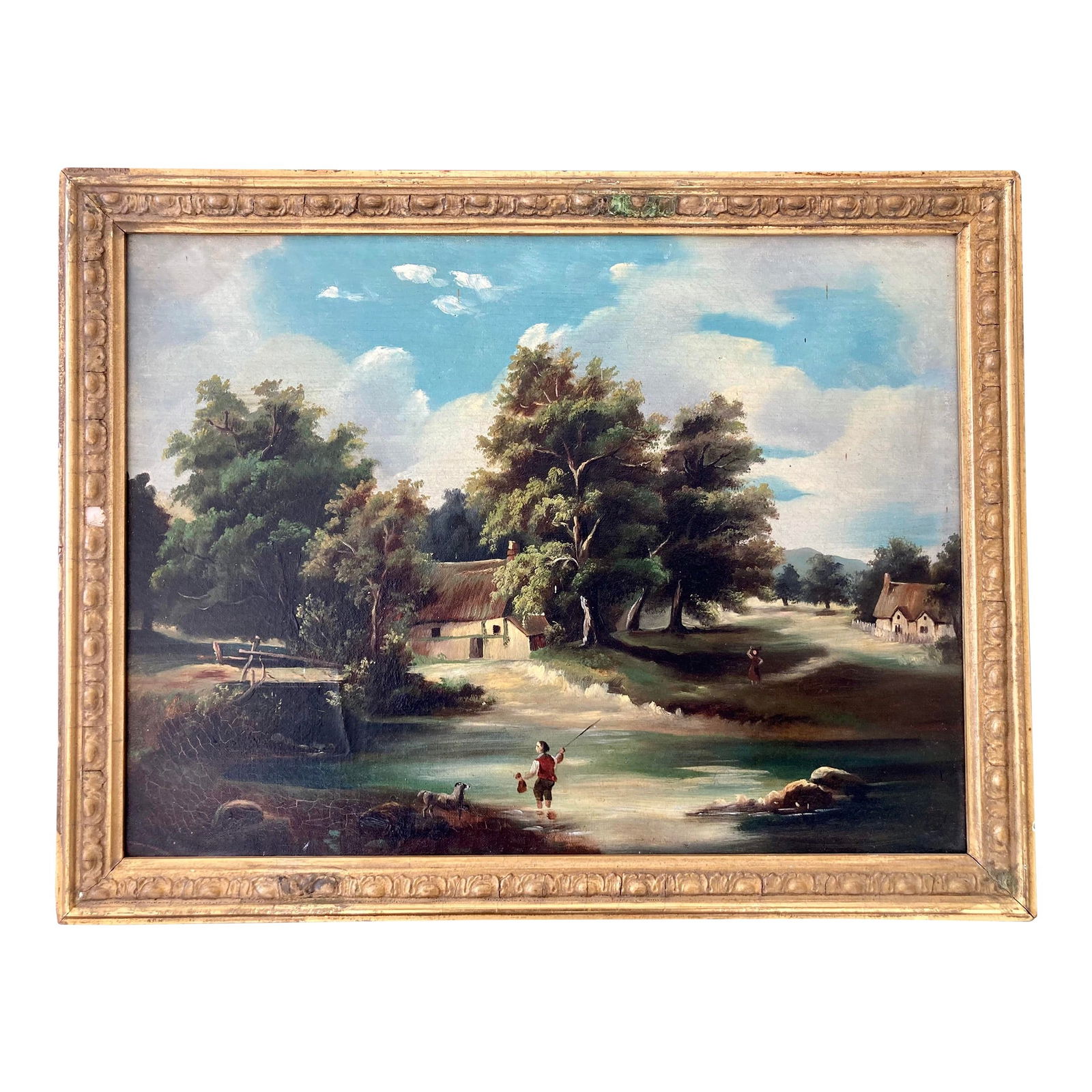 French Landscape Painting: 18"W × 1"D × 14"H Sight dimensions: 15.5"W x 11.5"H 19th Century French landscape painting on canvas and wood frame. Old wood original stretchers. Nice old gilt frame too. Made in France.