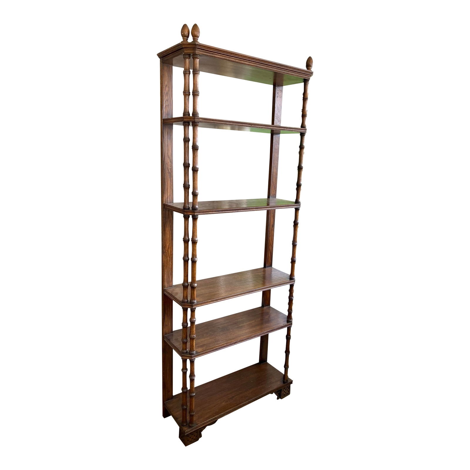Faux Bamboo Carved Wood Etagere #1: 32"W × 12"D × 86"H 1970s Hollywood Regency faux bamboo carved wood etagere in a beautiful medium walnut stain to show the characters of the wood. Very solid and sturdy construction perfect for your